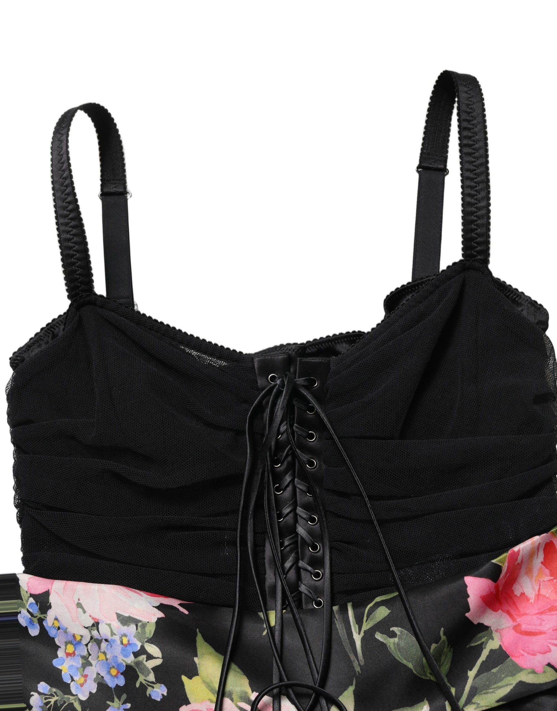 Dolce & Gabbana Black Sleeveless Bustier Floral Print Tiered Dress | Regal Royce