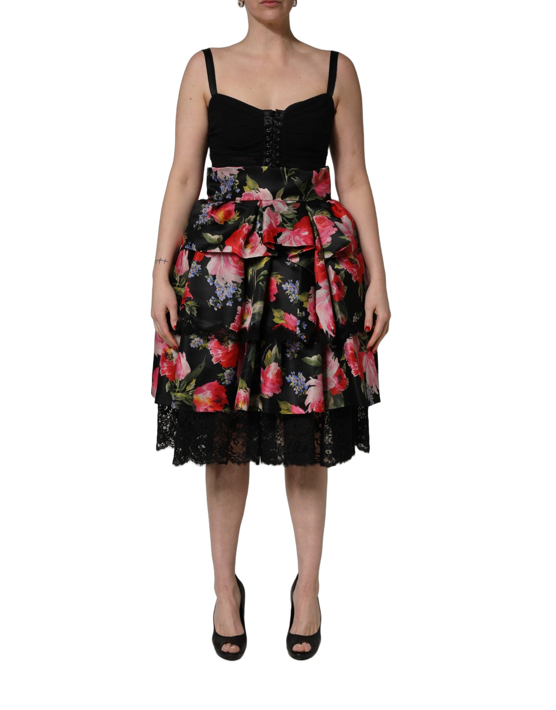 Dolce & Gabbana Black Sleeveless Bustier Floral Print Tiered Dress | Regal Royce