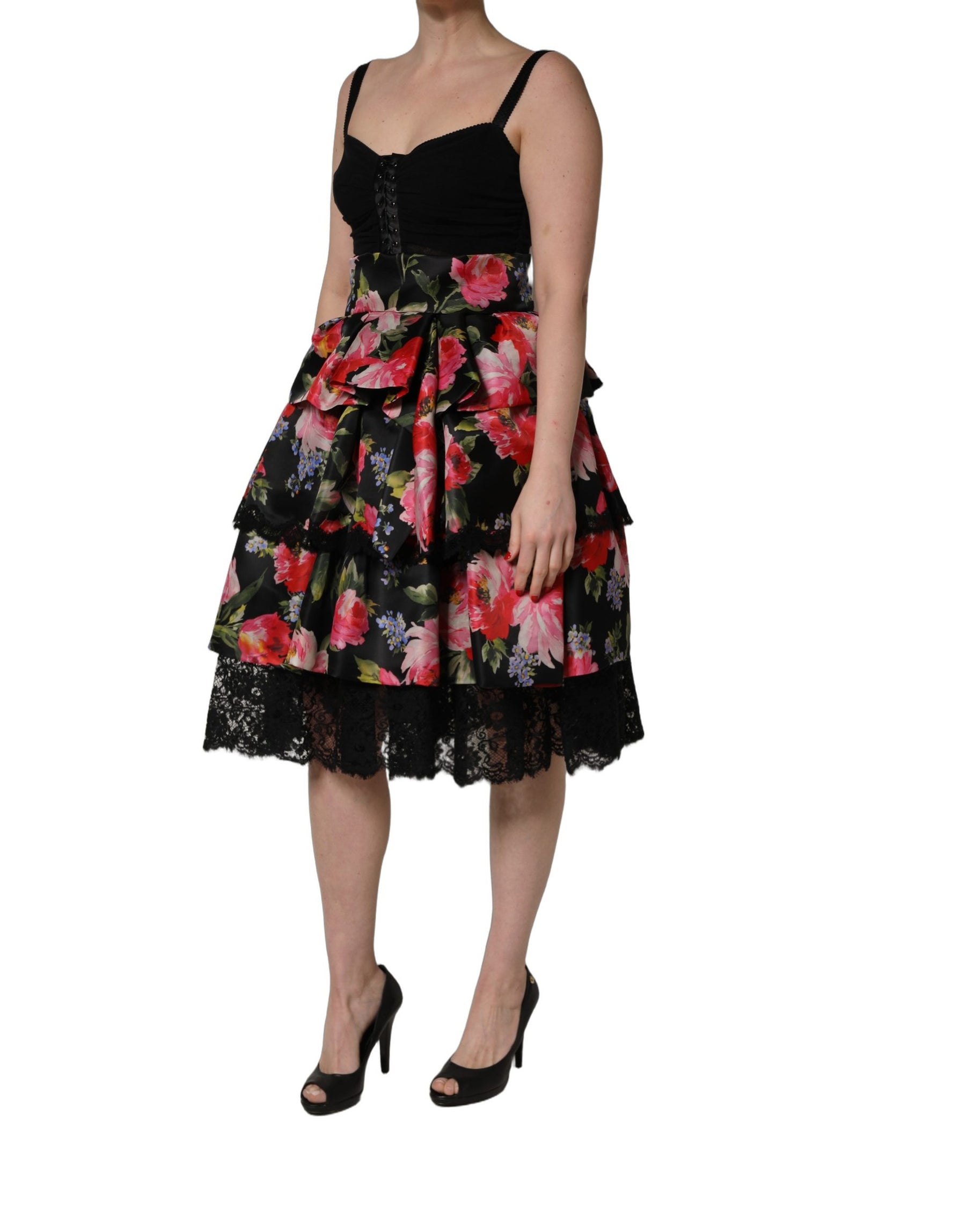 Dolce & Gabbana Black Sleeveless Bustier Floral Print Tiered Dress | Regal Royce