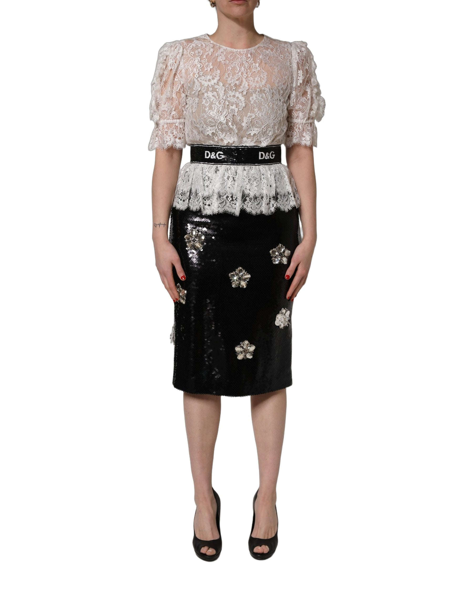 Dolce & Gabbana White Lace Top Embellished Black Skirt Dress | Regal Royce