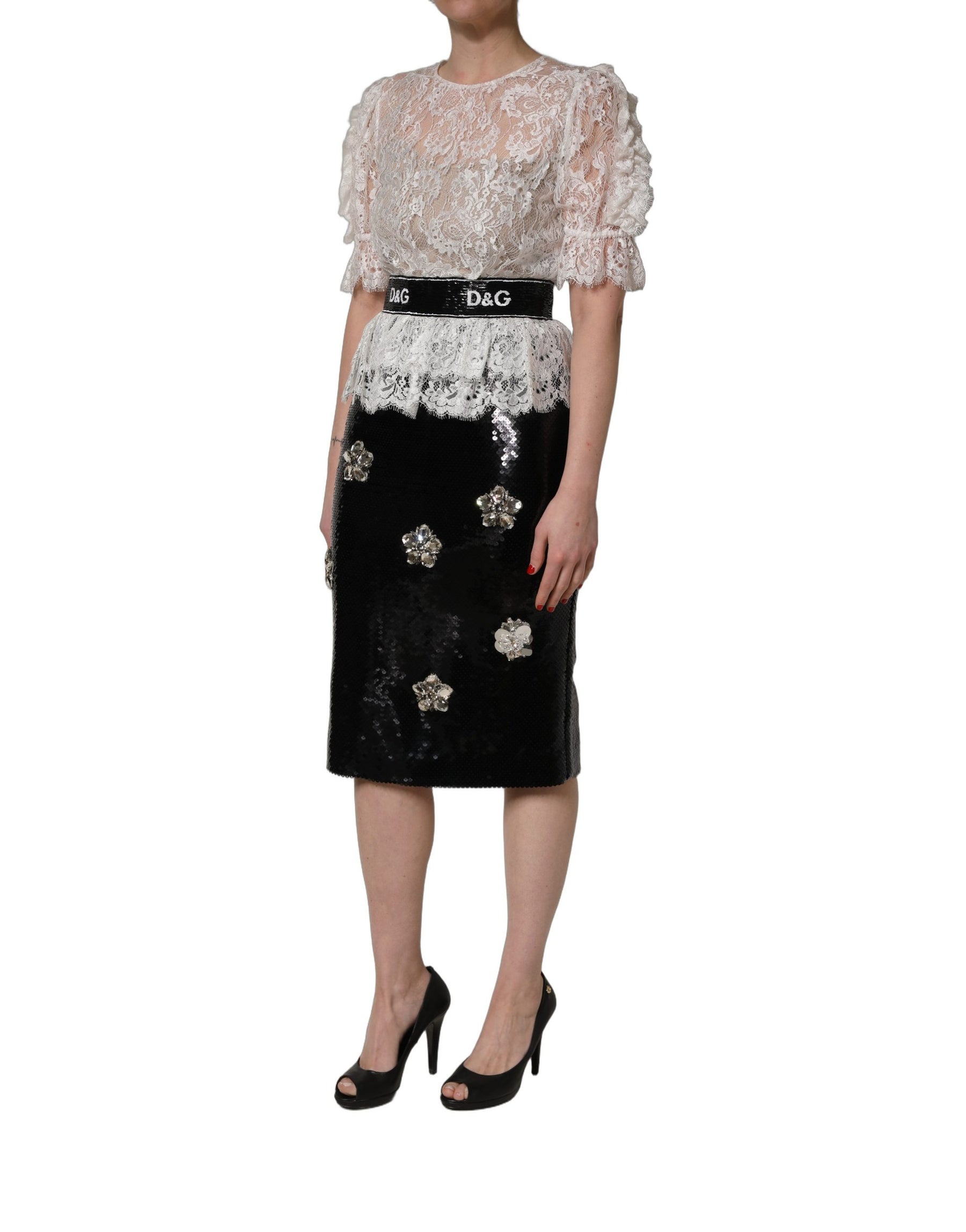 Dolce & Gabbana White Lace Top Embellished Black Skirt Dress | Regal Royce