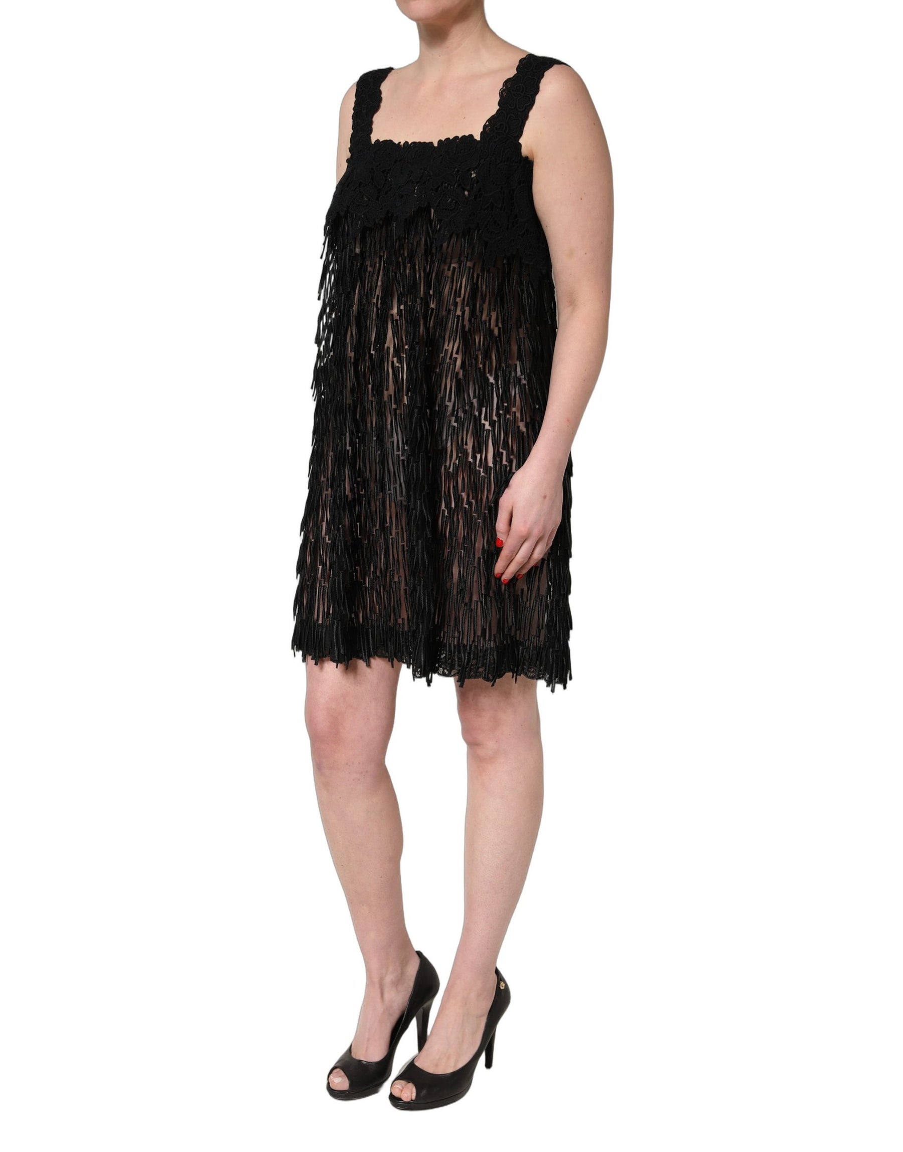 Dolce & Gabbana Black Viscose Fringed Sleeveless Mini Dress | Regal Royce