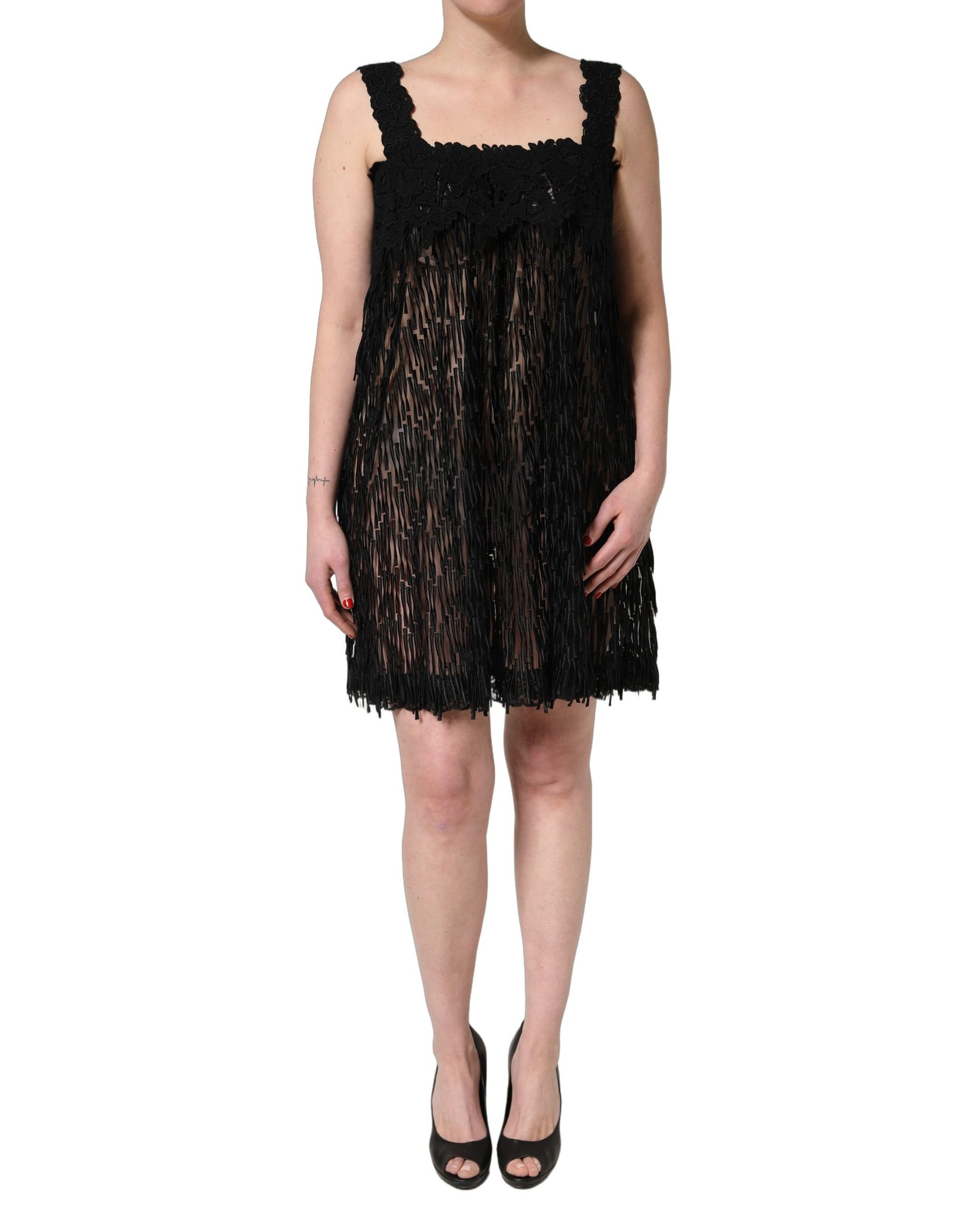 Dolce & Gabbana Black Viscose Fringed Sleeveless Mini Dress | Regal Royce