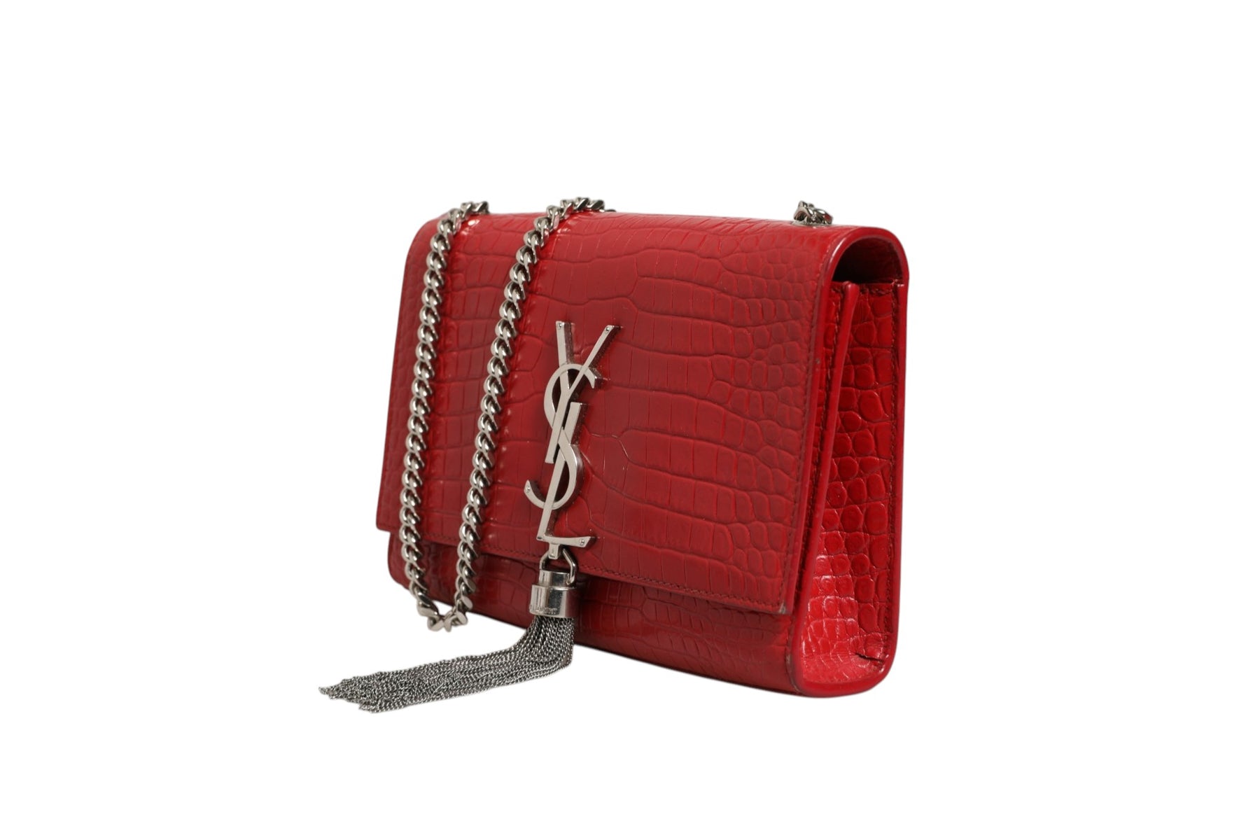 Saint Laurent Kate Tassel Chain Bag in Red Crocodile Embossed Leather | Regal Royce