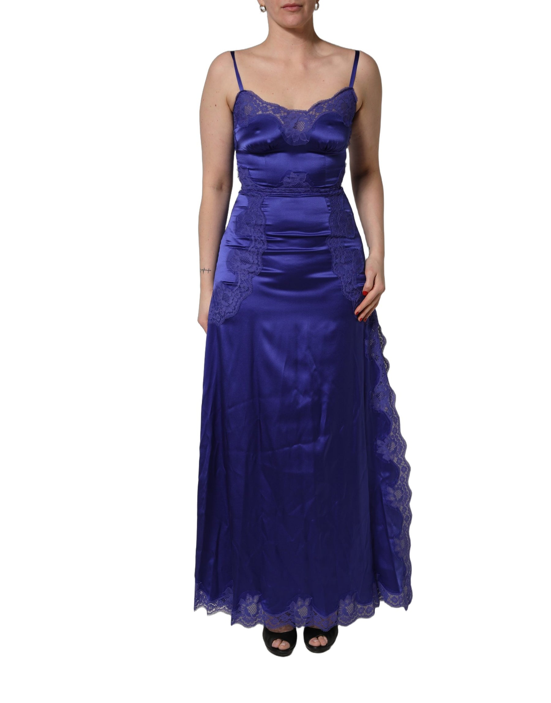 Dolce & Gabbana Blue Sleeveless Lace Trim A-line Gown Dress | Regal Royce