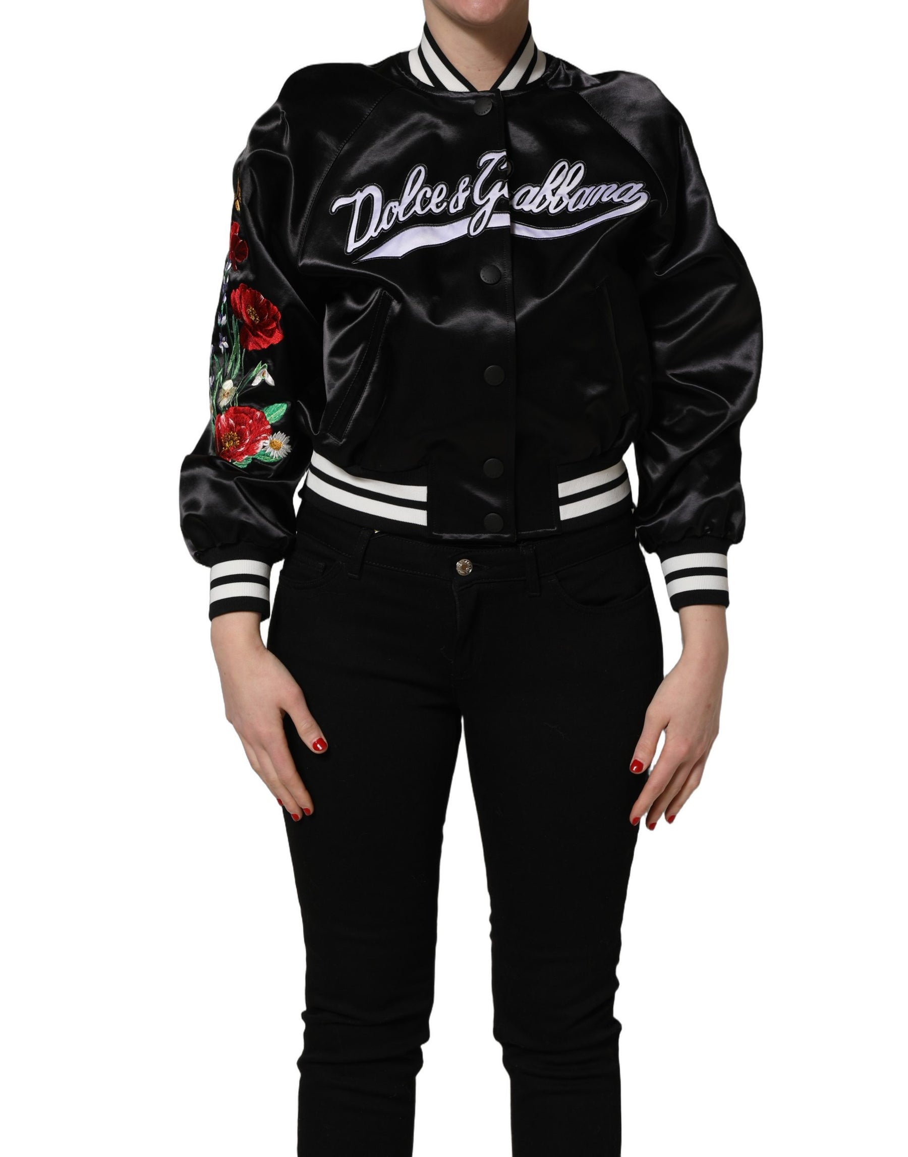 Dolce & Gabbana Black Satin Floral Embroidery Bomber Jacket | Regal Royce