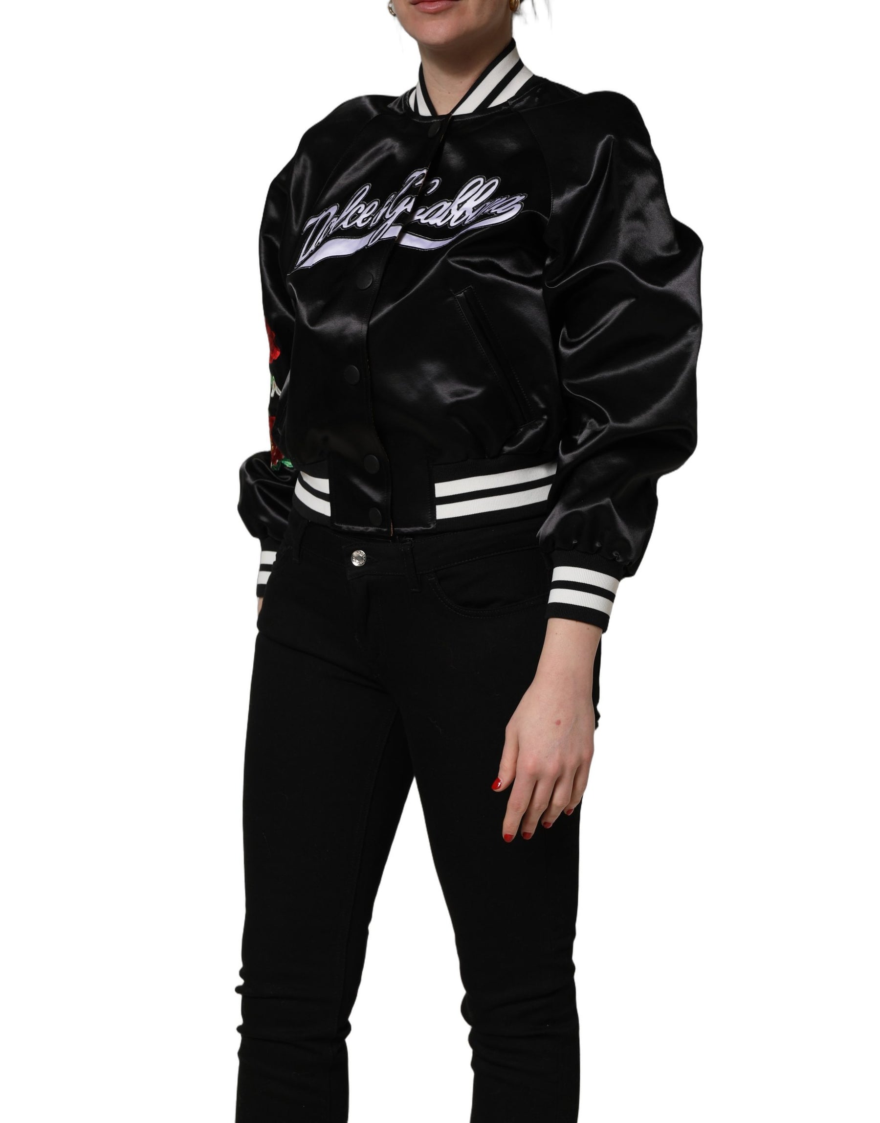 Dolce & Gabbana Black Satin Floral Embroidery Bomber Jacket | Regal Royce