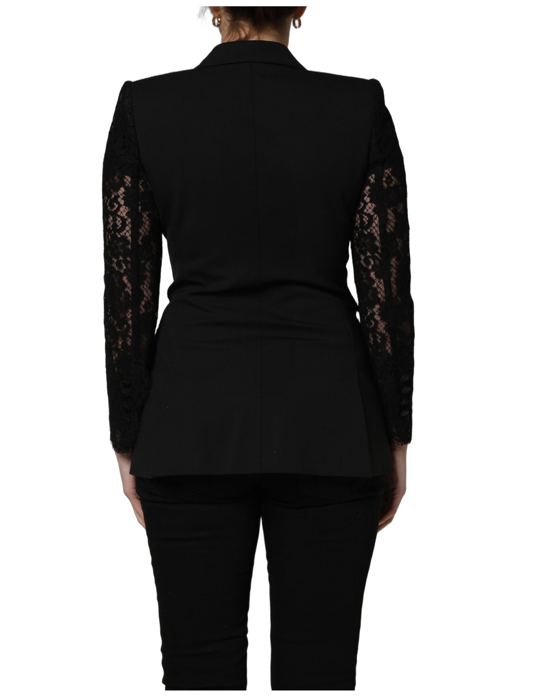 Dolce & Gabbana Black Wool DoubleBreasted Lace Sleeve Jacket | Regal Royce