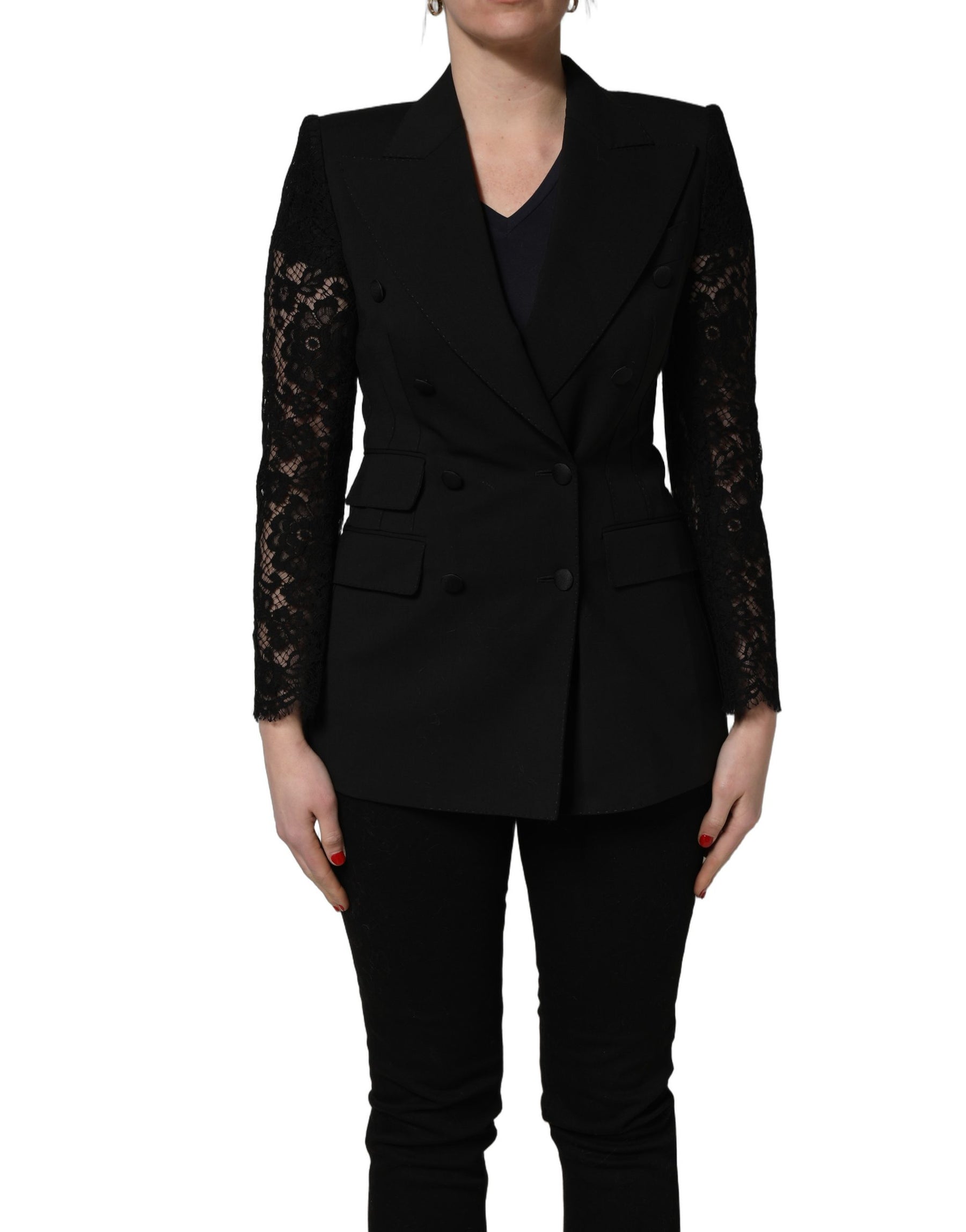 Dolce & Gabbana Black Wool DoubleBreasted Lace Sleeve Jacket | Regal Royce