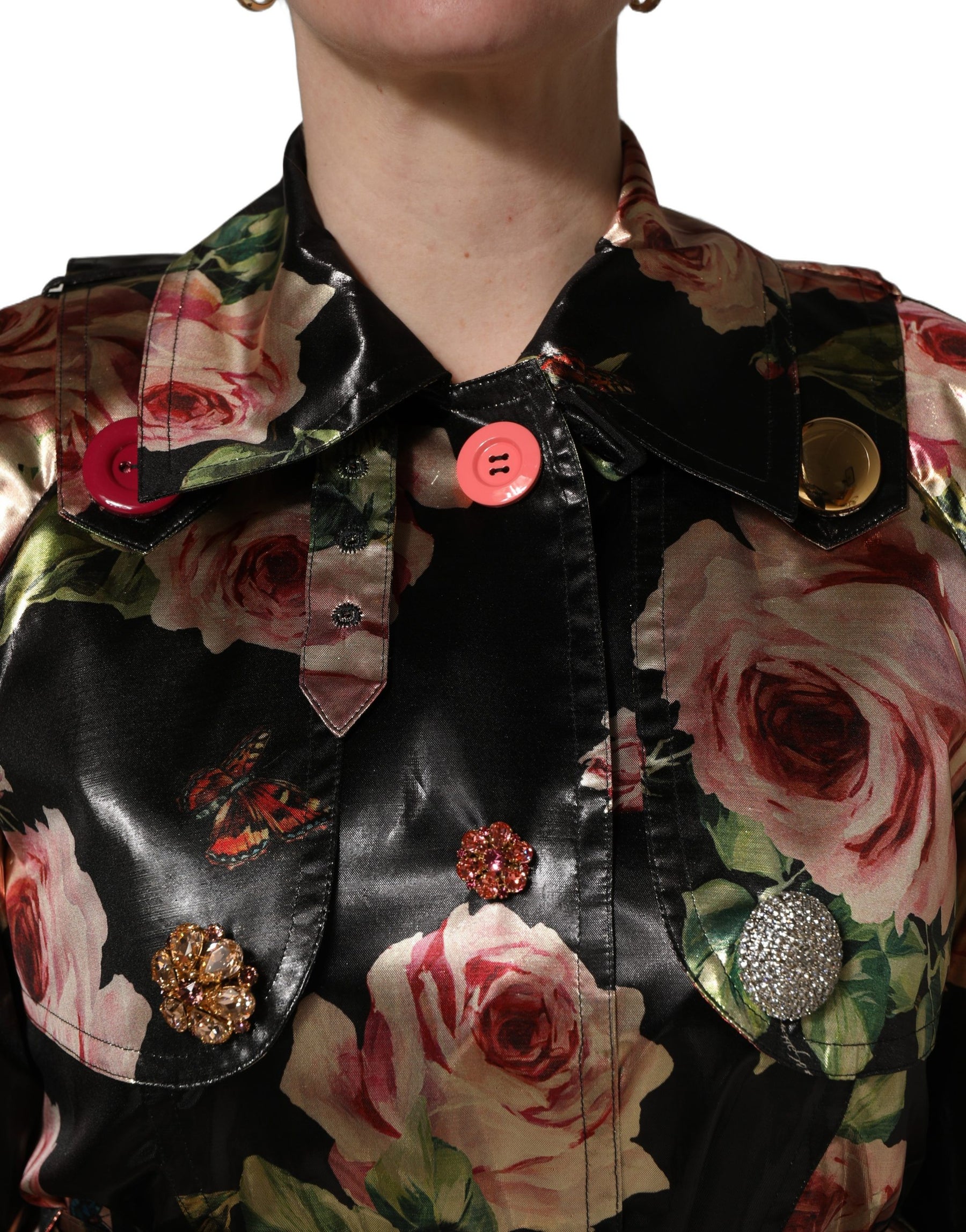 Dolce & Gabbana Black Floral Belted Polyester Trench Coat Jacket | Regal Royce