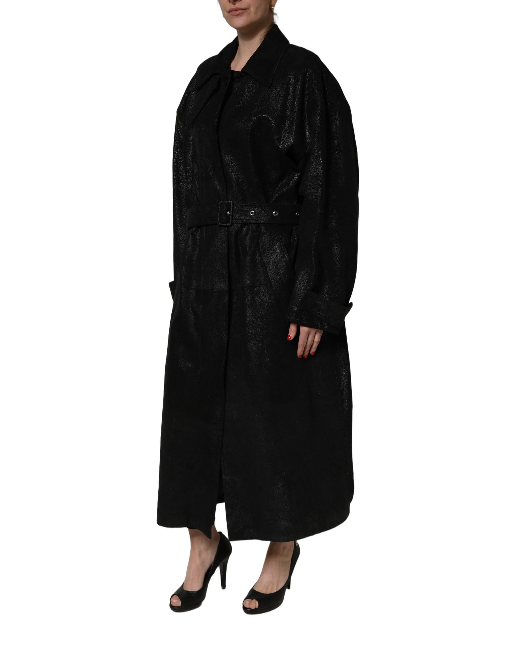 Dolce & Gabbana Black Belted Sheepskin Trench Coat Jacket | Regal Royce