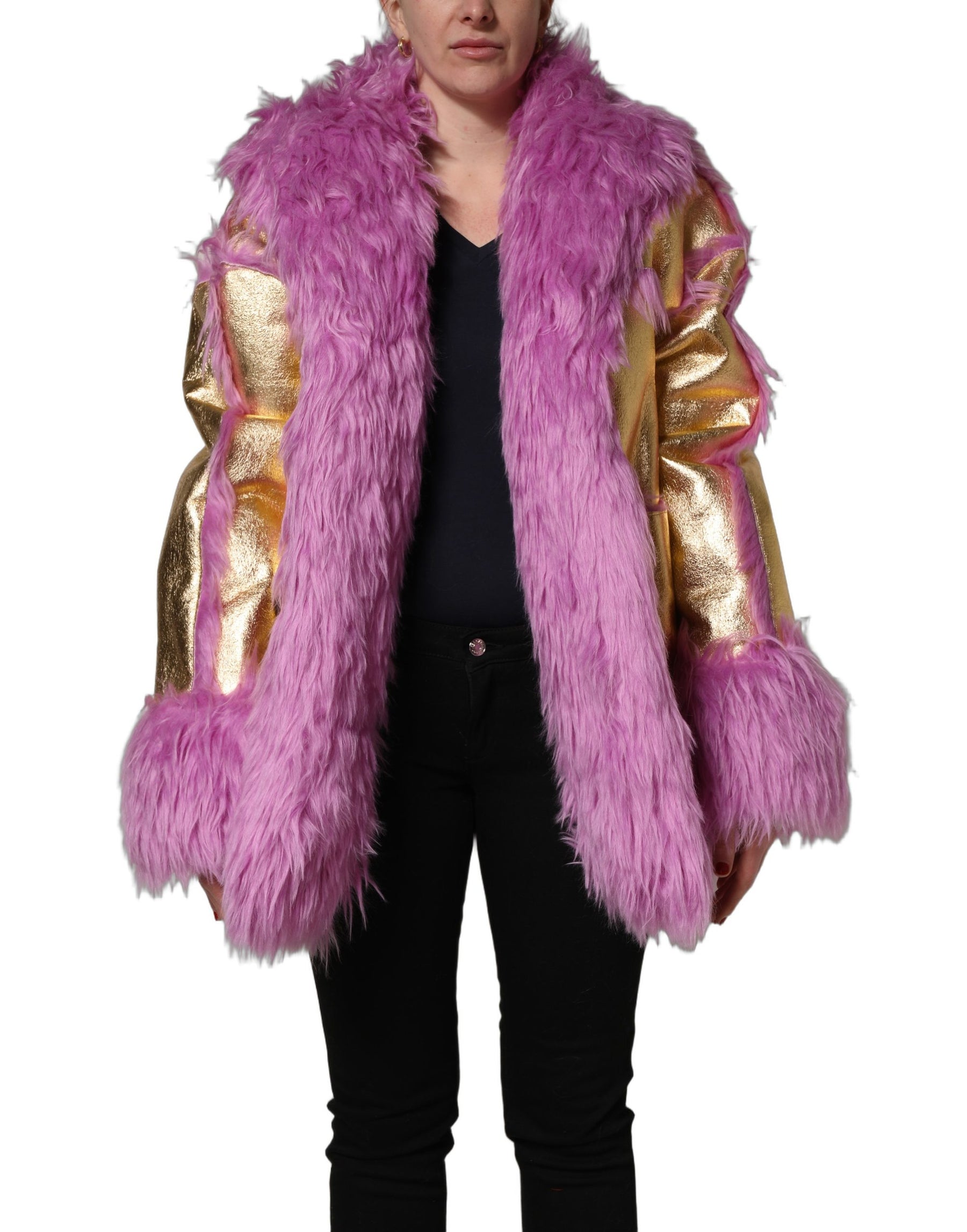 Dolce & Gabbana Pink Plush Faux Fur Gold Leather Coat Jacket | Regal Royce