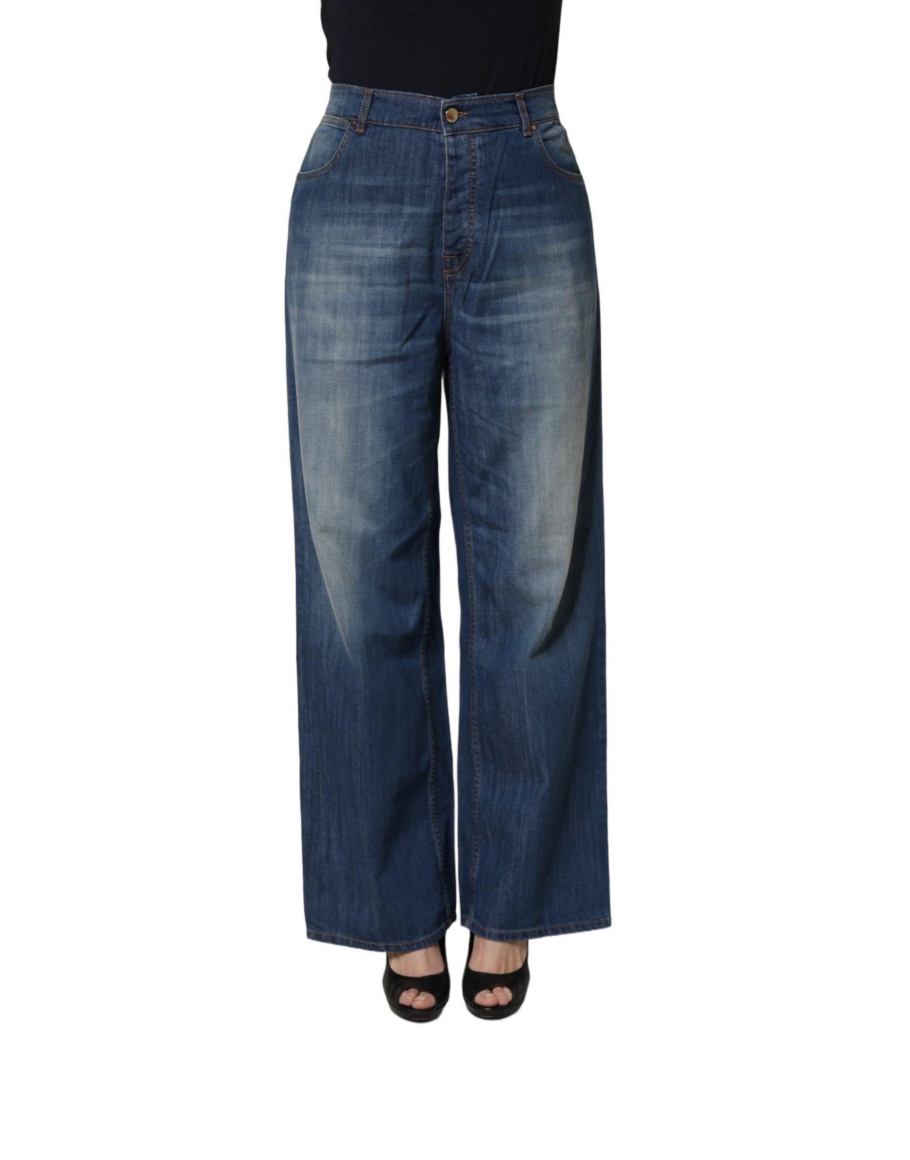 PINKO Blue Washed High Waist Wide Leg Denim Cotton Stretch Jeans | Regal Royce