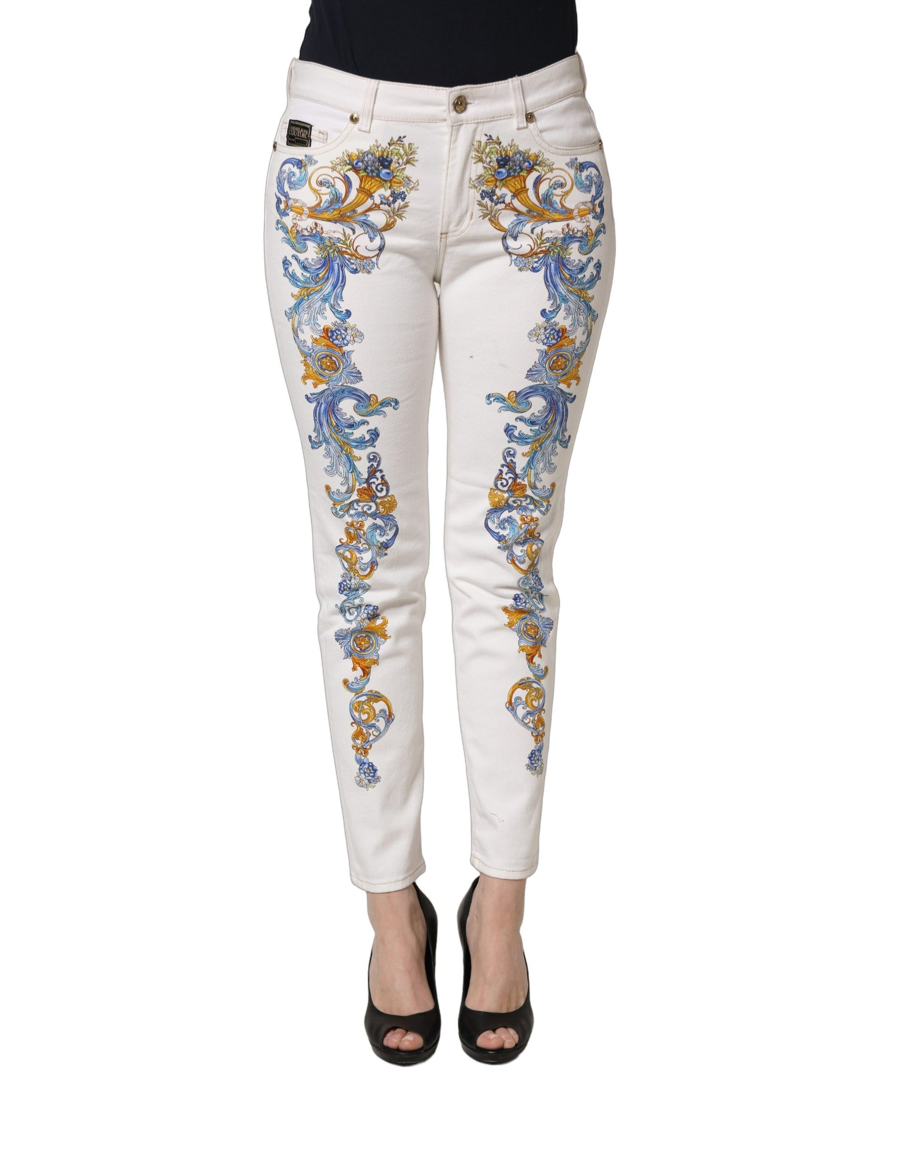 Versace Jeans Couture White Floral Print Skinny Denim Jeans | Regal Royce