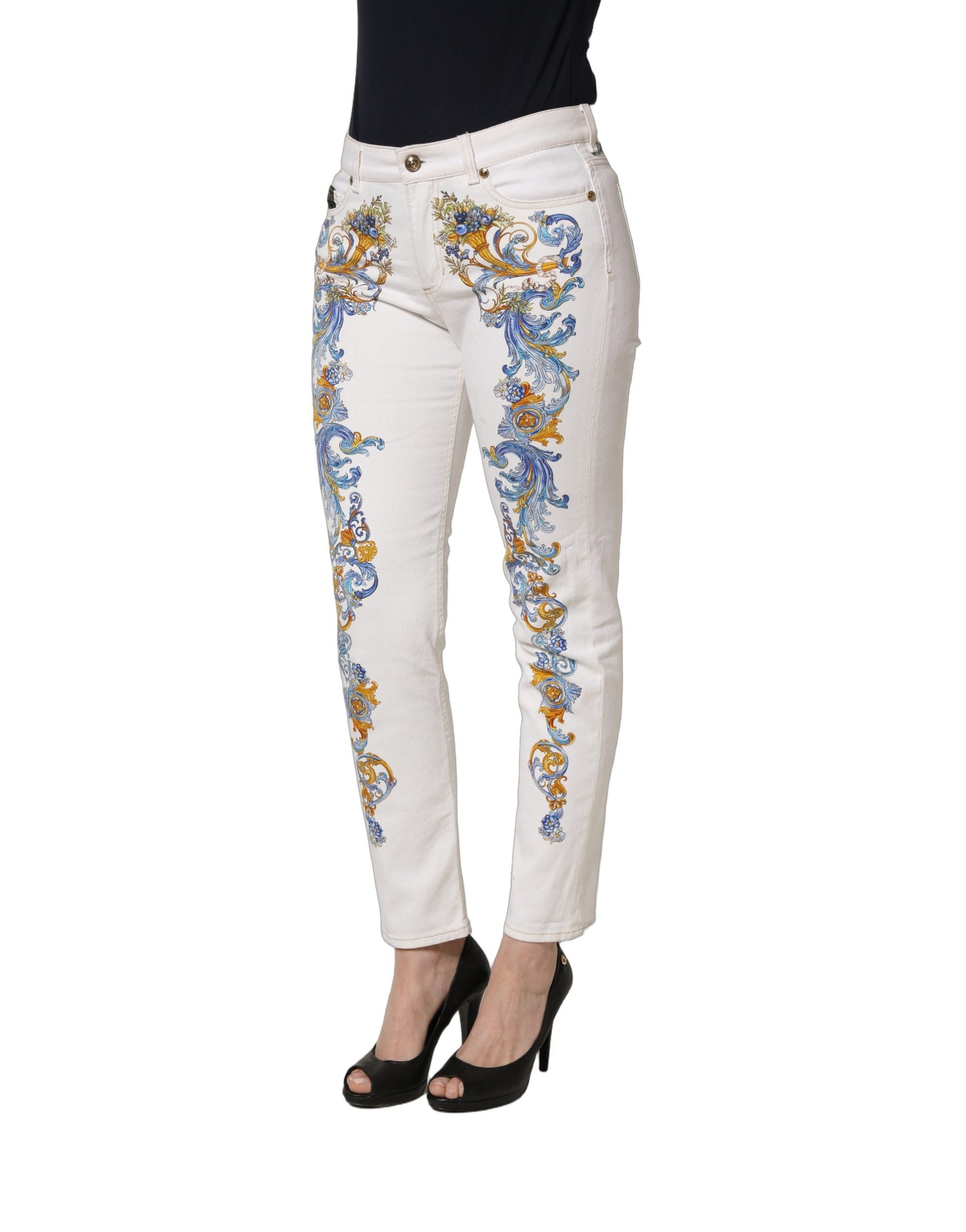 Versace Jeans Couture White Floral Print Skinny Denim Jeans | Regal Royce