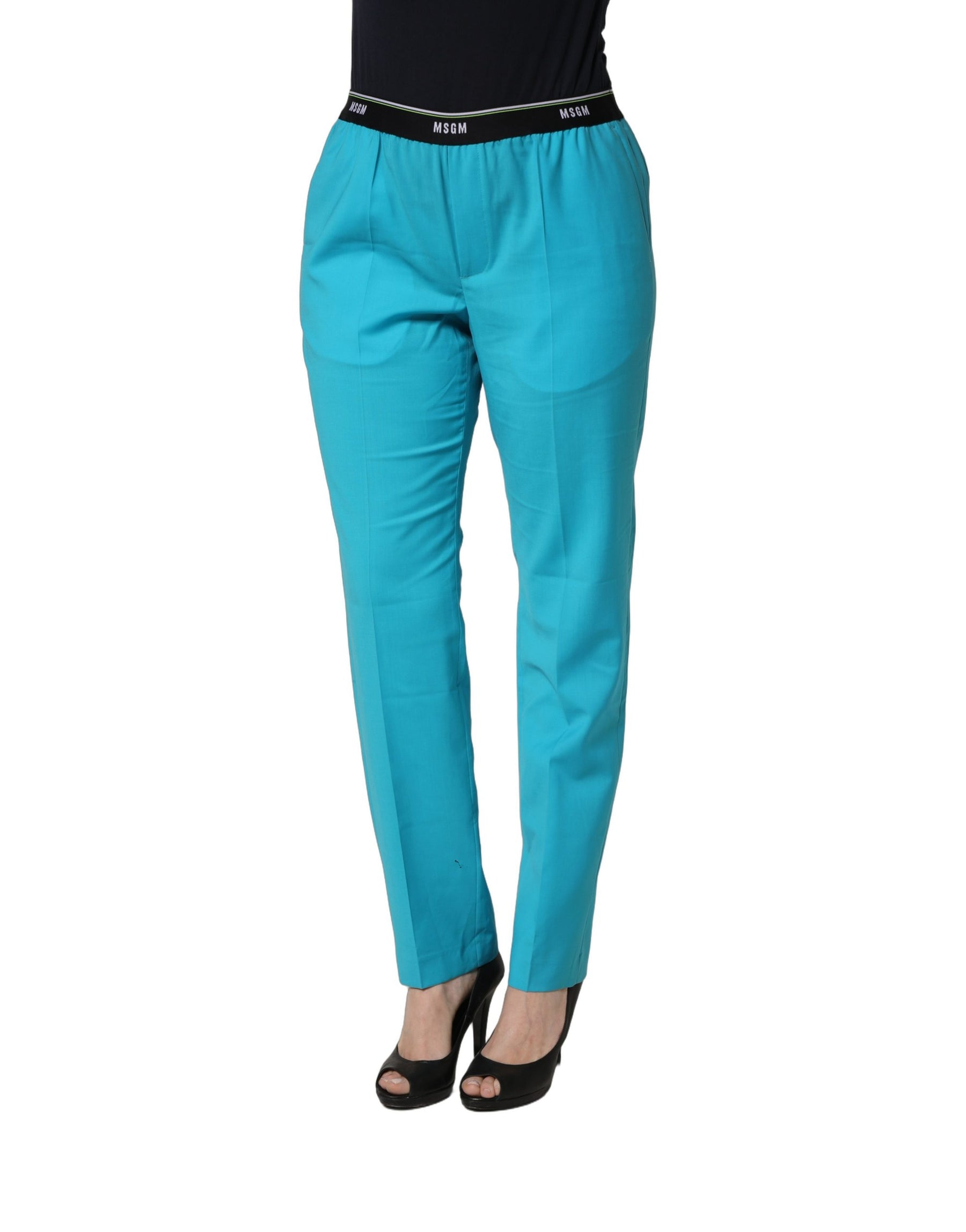 MSGM Blue Wool Mid Waist Tapered Women Trouser Pants | Regal Royce