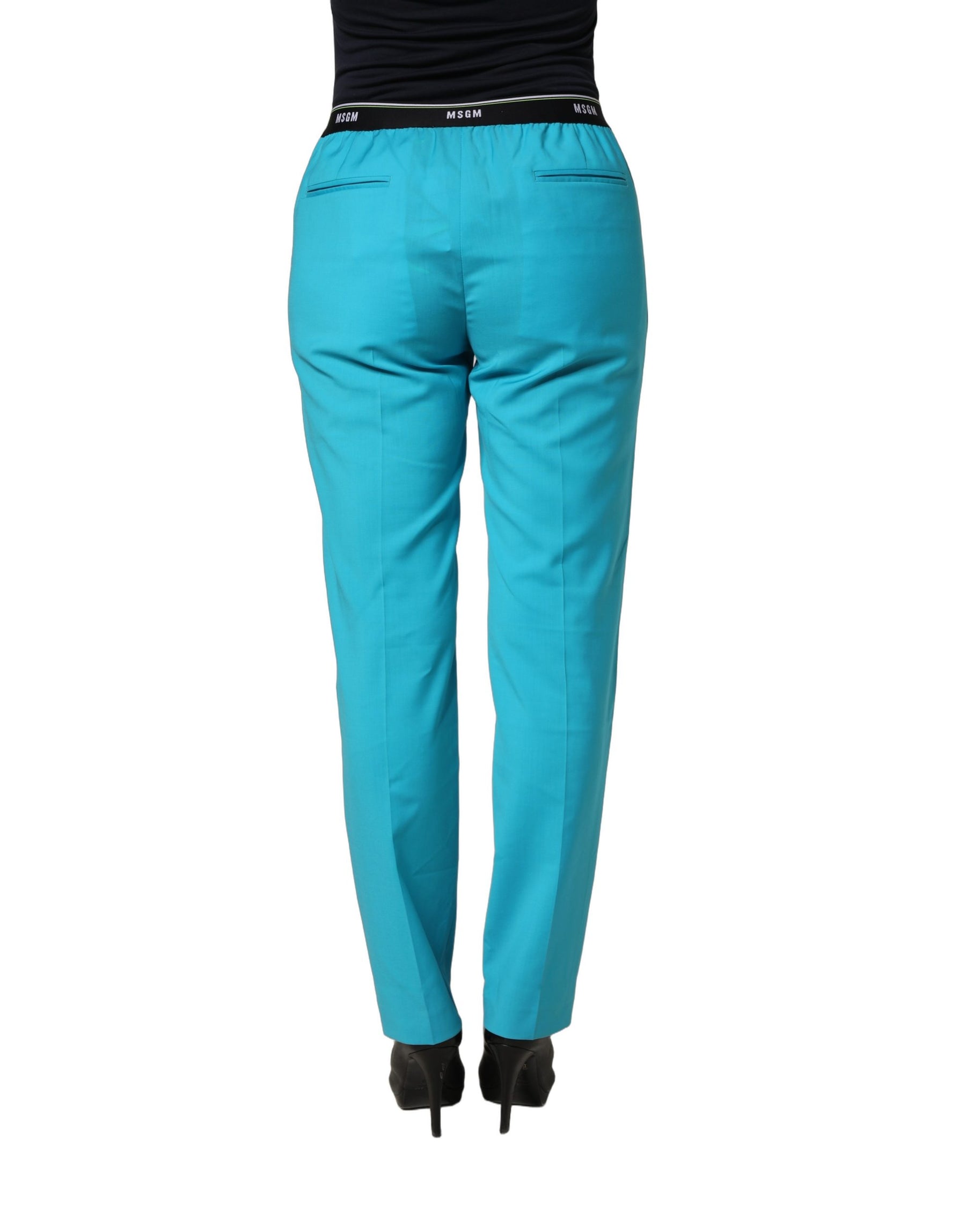 MSGM Blue Wool Mid Waist Tapered Women Trouser Pants | Regal Royce