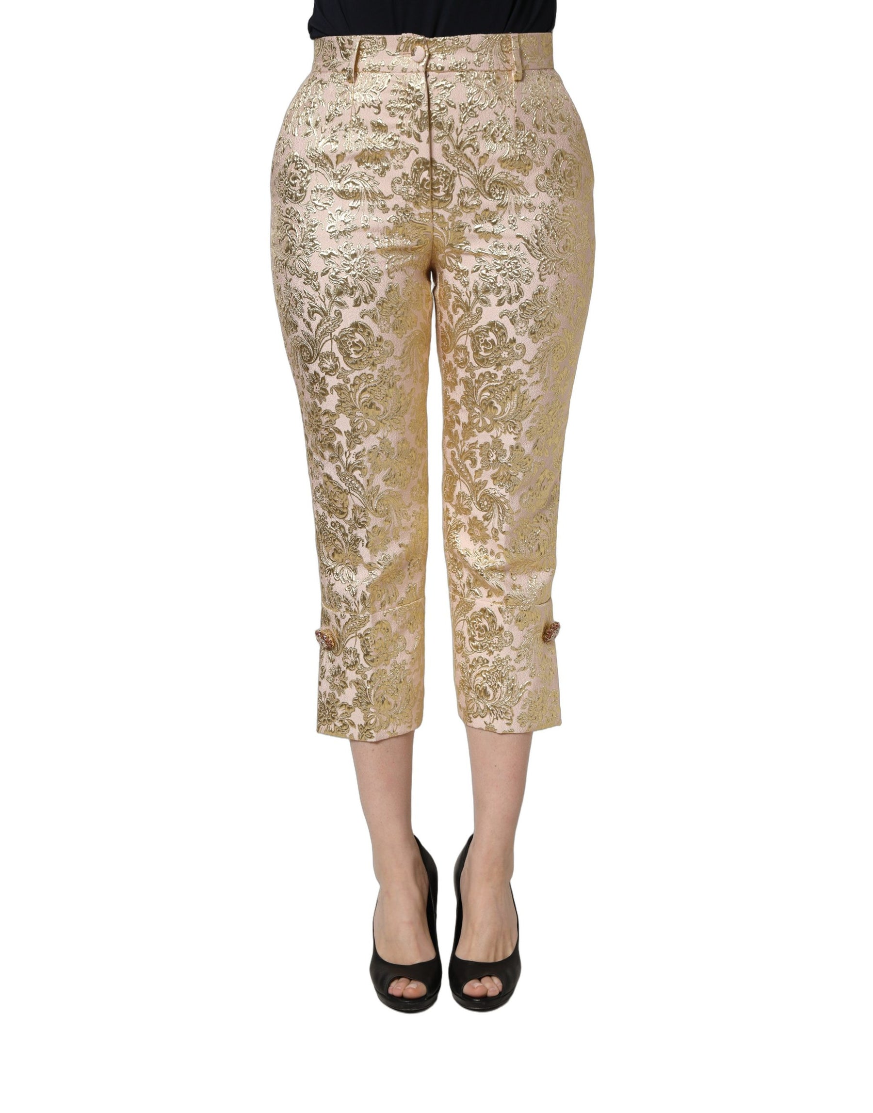 Dolce & Gabbana Gold Jacquard Floral Lamé Crop Trouser Pants | Regal Royce
