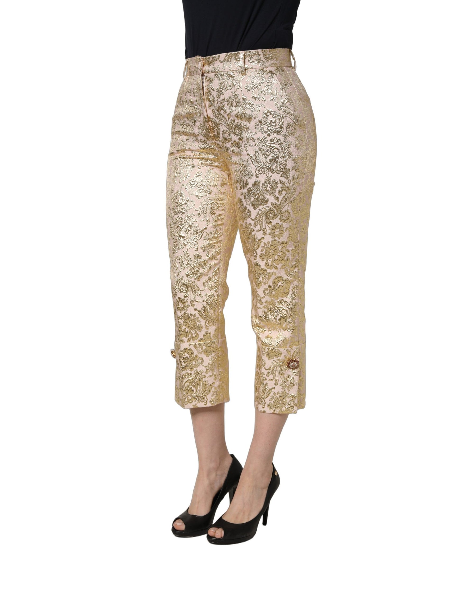 Dolce & Gabbana Gold Jacquard Floral Lamé Crop Trouser Pants | Regal Royce