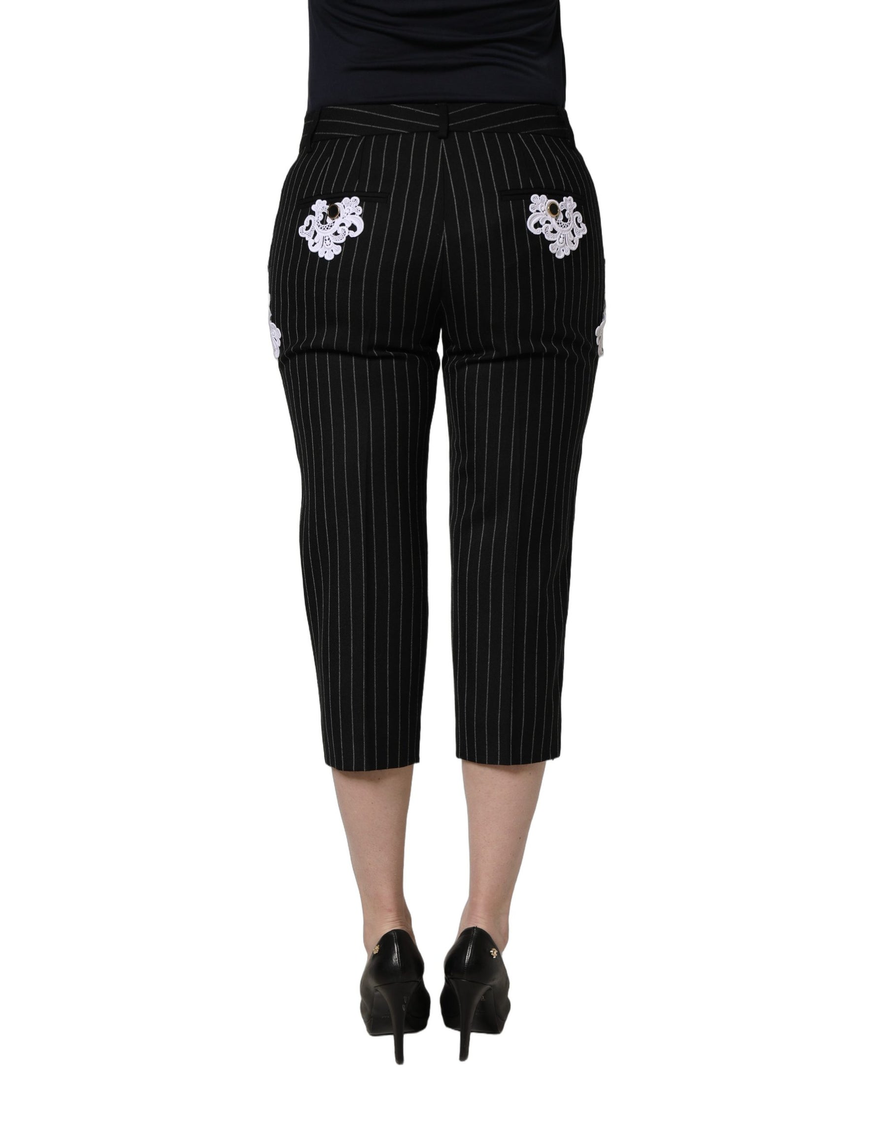Dolce & Gabbana Black Lace Applique Pinstripe Cropped Pants | Regal Royce