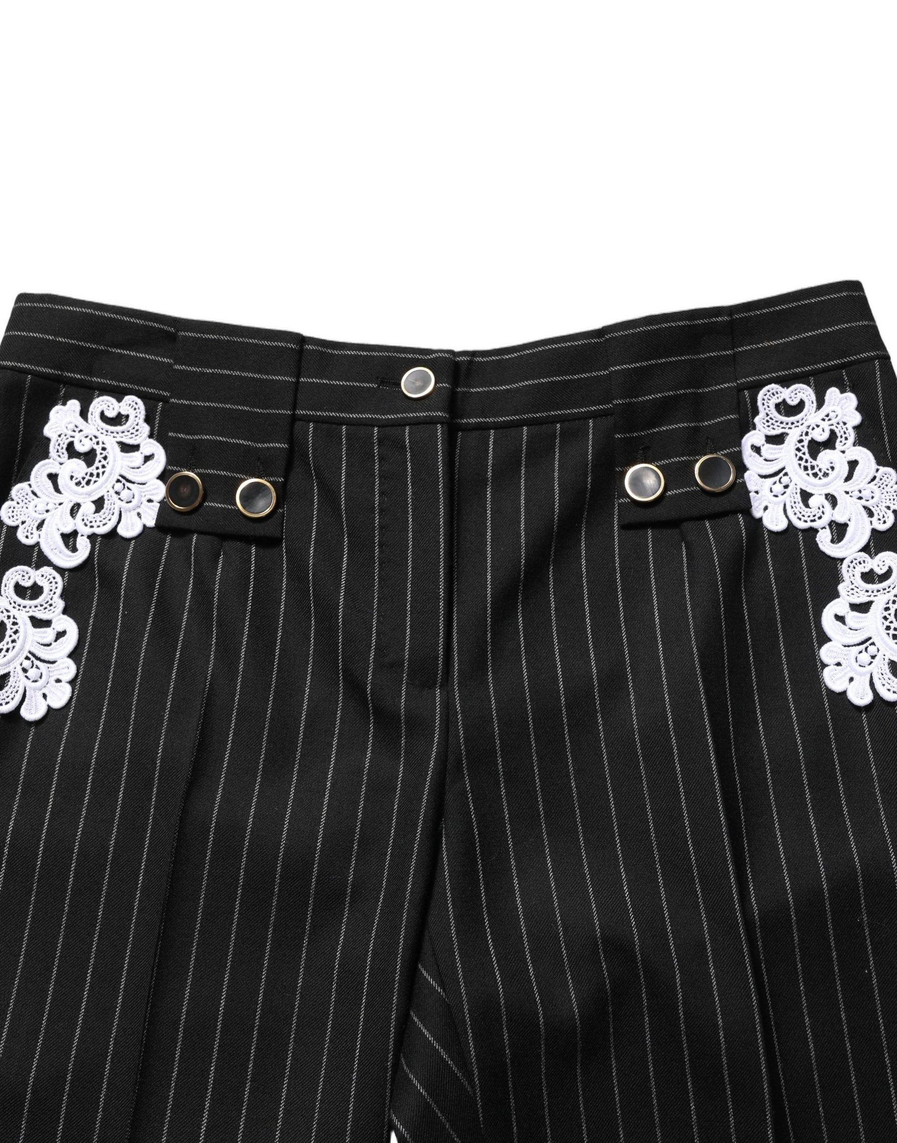 Dolce & Gabbana Black Lace Applique Pinstripe Cropped Pants | Regal Royce