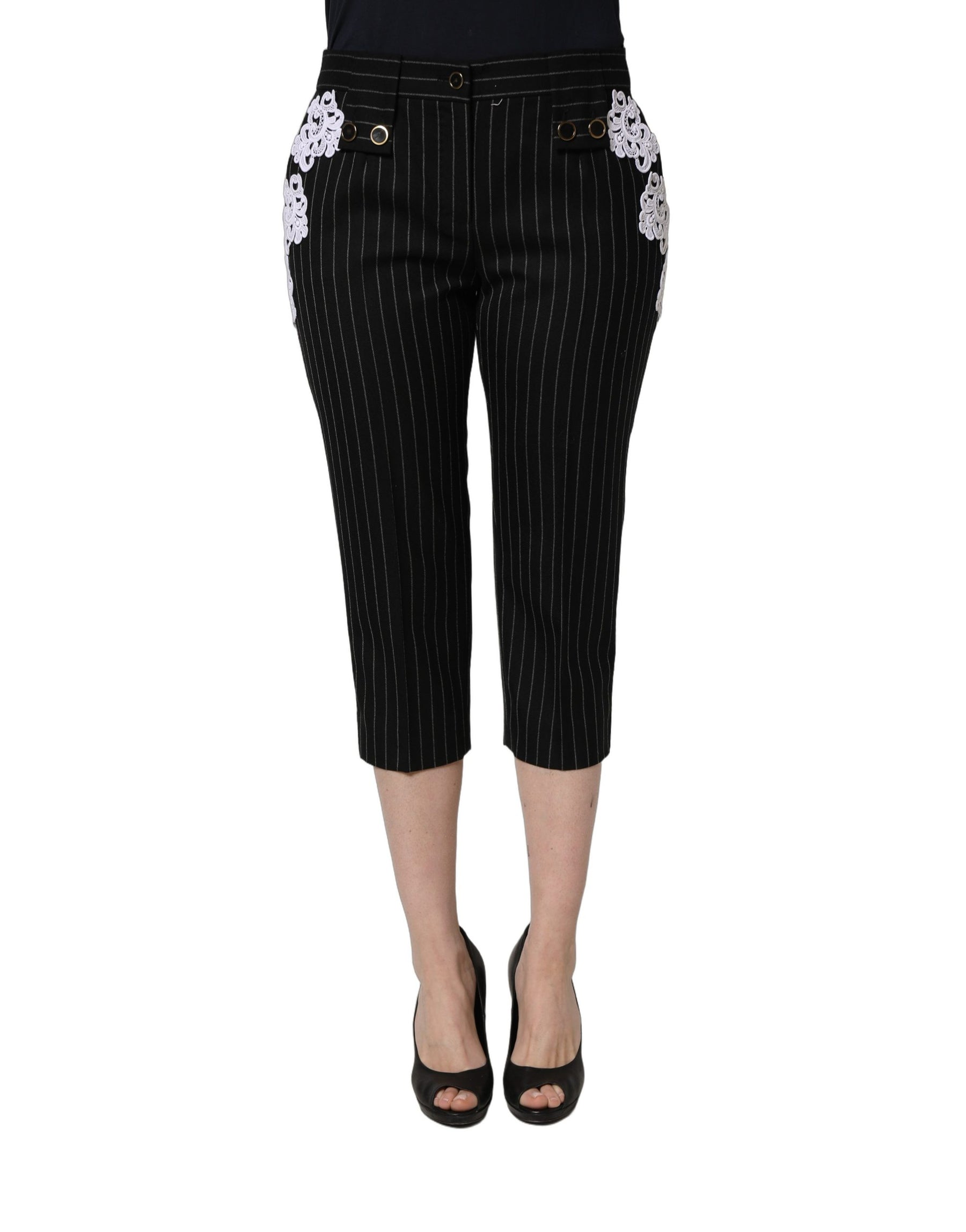 Dolce & Gabbana Black Lace Applique Pinstripe Cropped Pants | Regal Royce