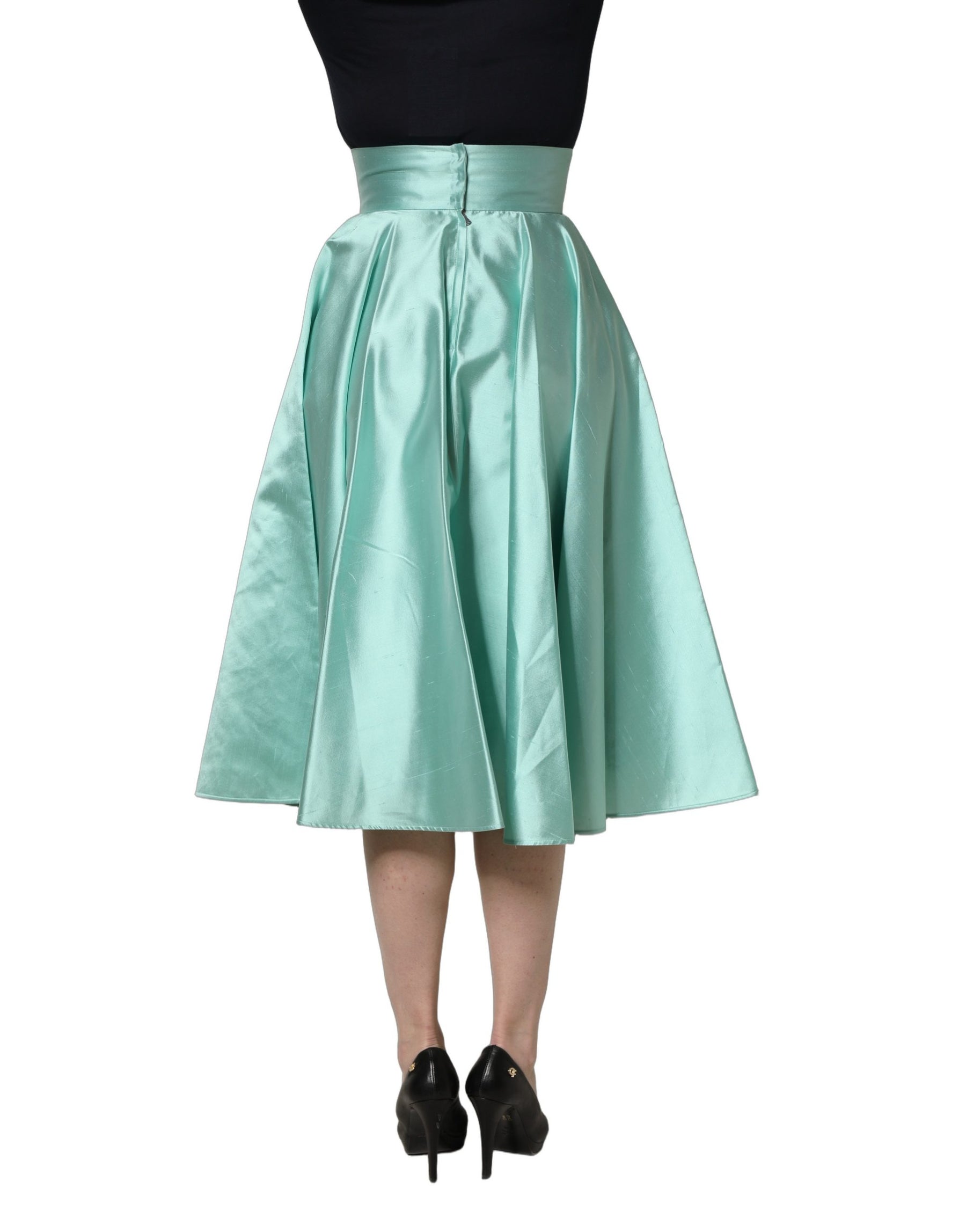 Dolce & Gabbana Green Satin High-Waisted Pleated A-line Midi Skirt | Regal Royce
