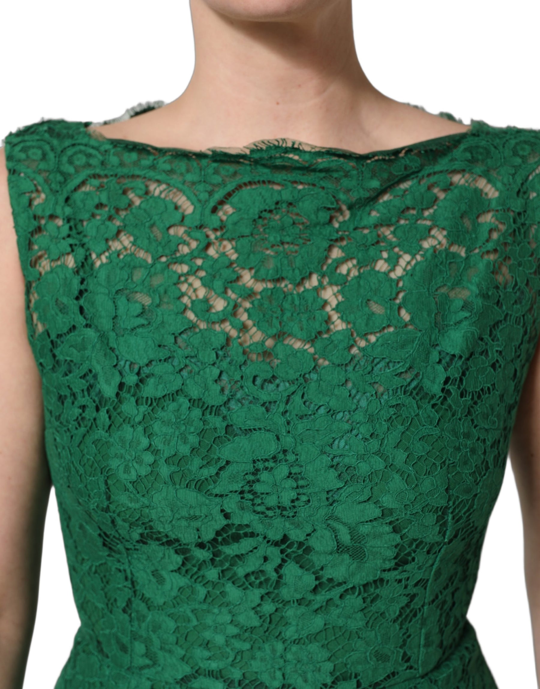 Dolce & Gabbana Green Floral Lace Cotton Sleeveless Midi Dress | Regal Royce