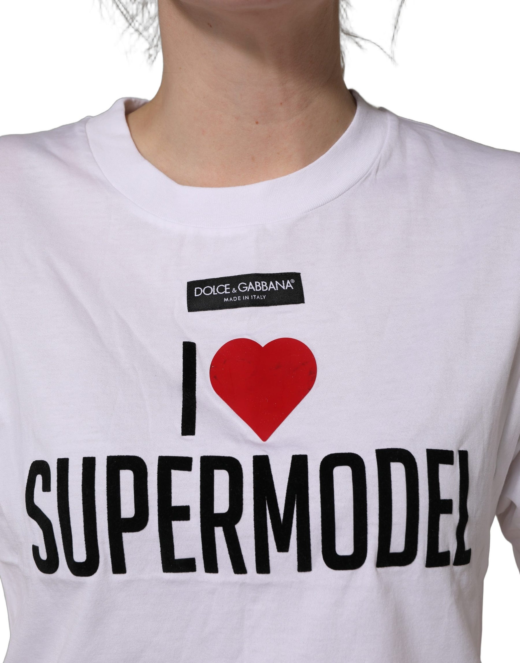 Dolce & Gabbana White I Love Supermodel Cotton Crew Neck T-shirt | Regal Royce