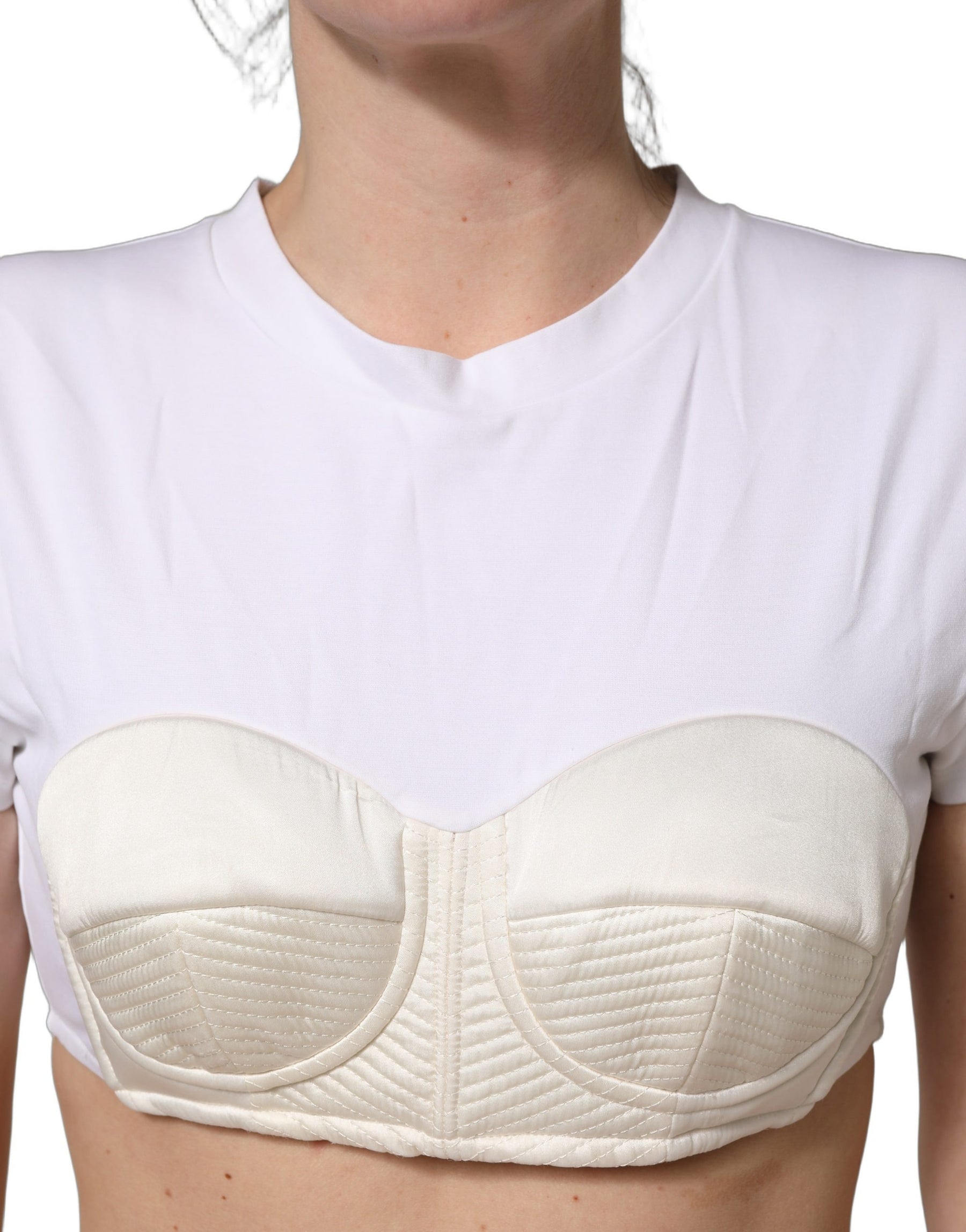 Dolce & Gabbana White Bustier Short Sleeve CrewNeck Cropped Top | Regal Royce