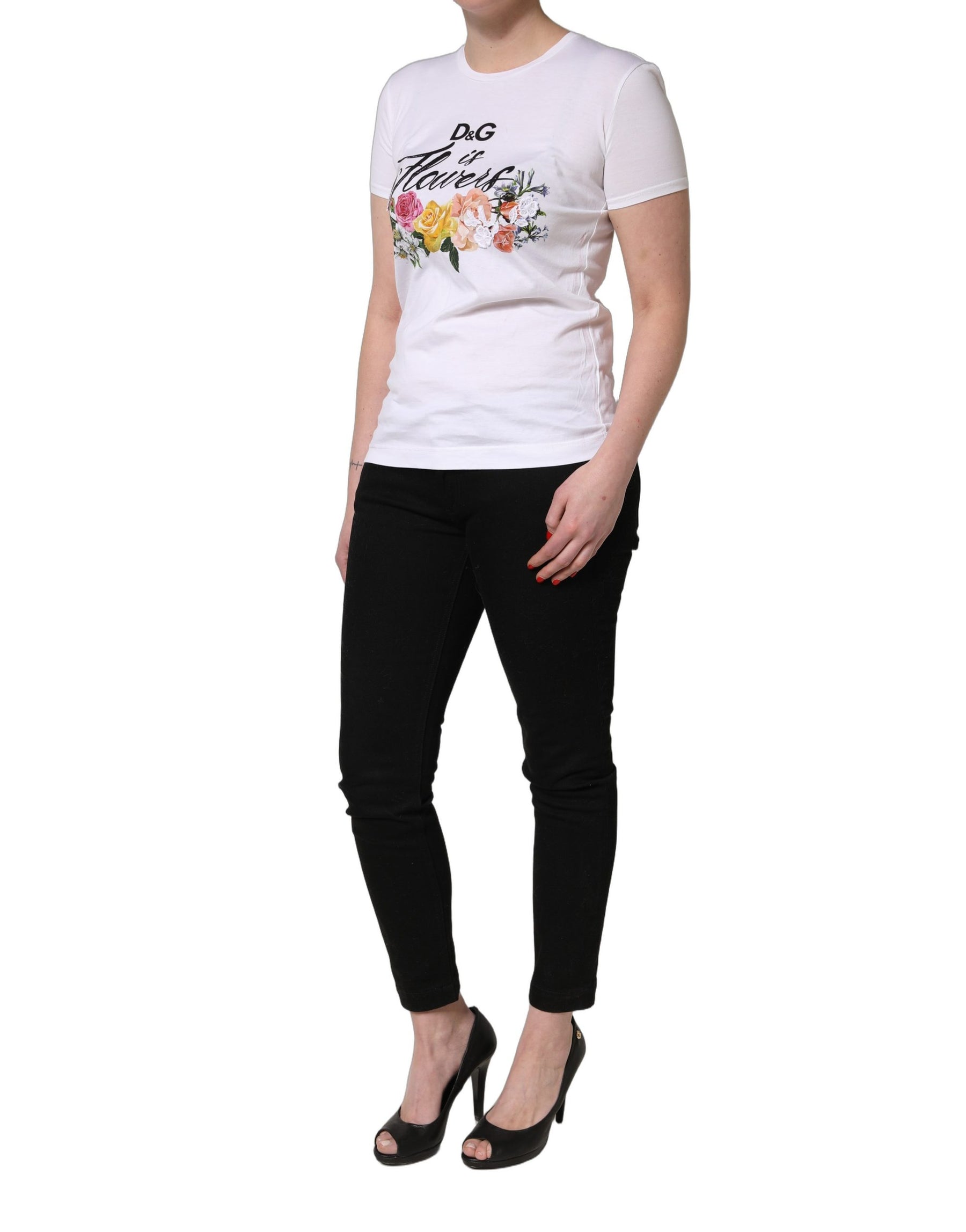 Dolce & Gabbana White Floral Graphic Short Sleeve Crew Neck T-shirt | Regal Royce