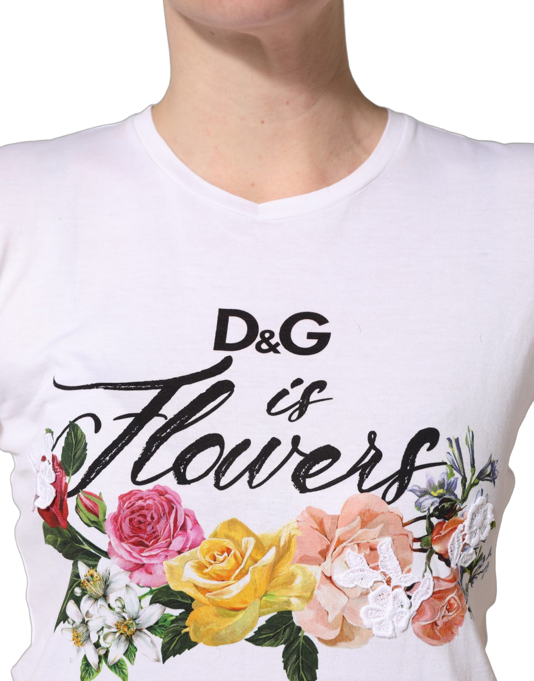 Dolce & Gabbana White Floral Graphic Short Sleeve Crew Neck T-shirt | Regal Royce