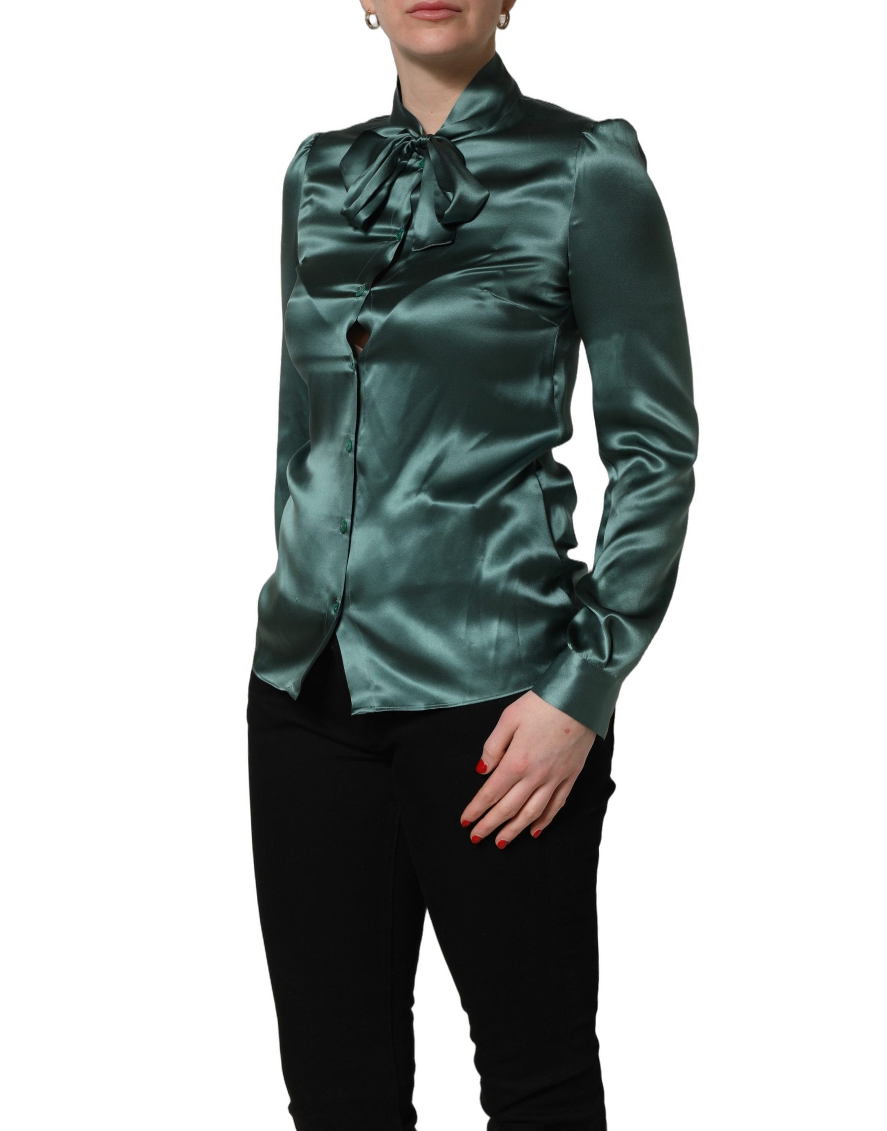 Dolce & Gabbana Dark Green Silk Satin Blouse Neck Tie Top | Regal Royce