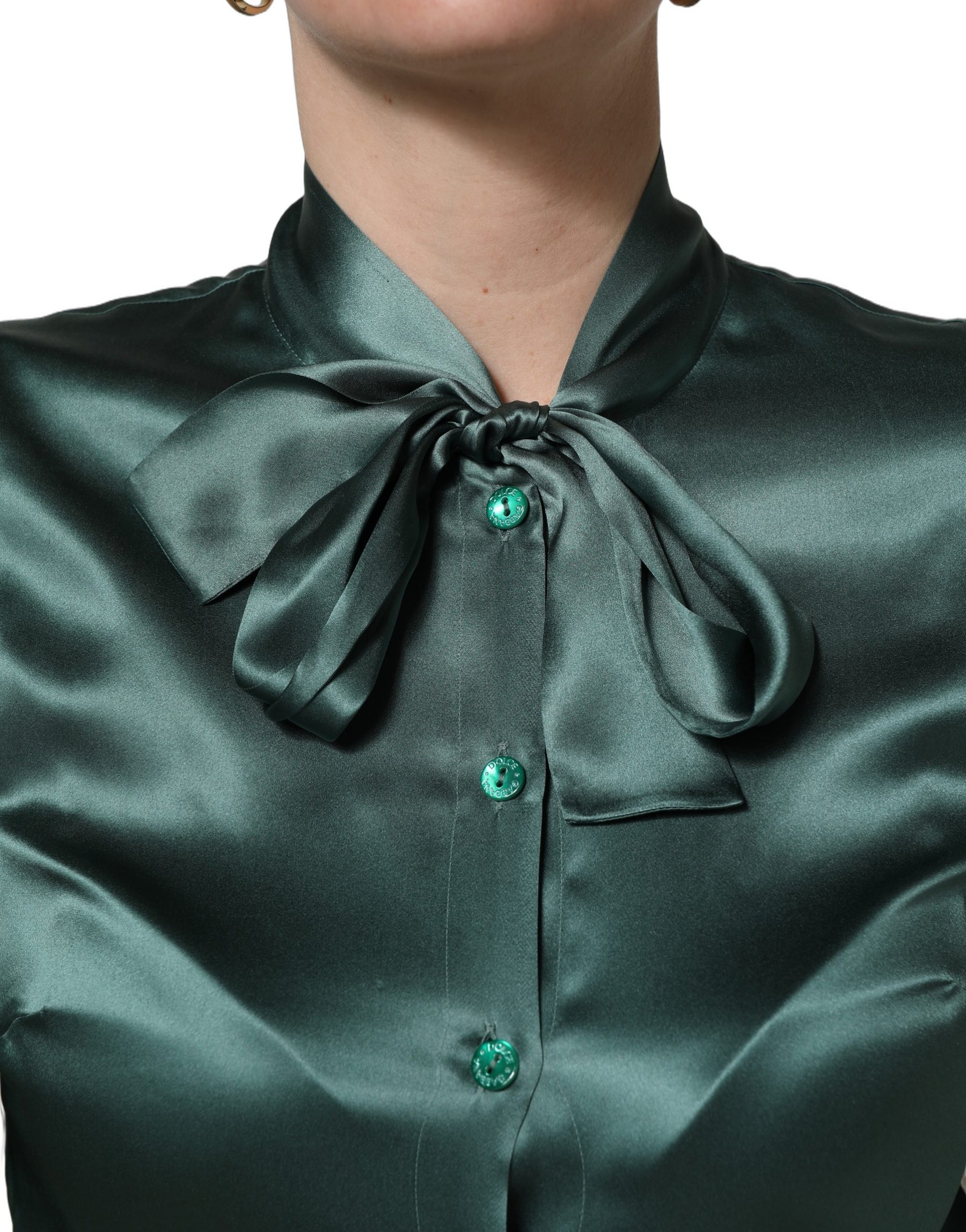 Dolce & Gabbana Dark Green Silk Satin Blouse Neck Tie Top | Regal Royce
