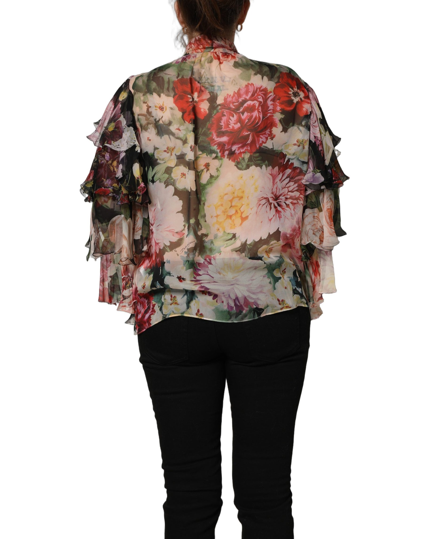 Dolce & Gabbana Multicolor Floral Tie-Neck Silk Chiffon Blouse Top | Regal Royce
