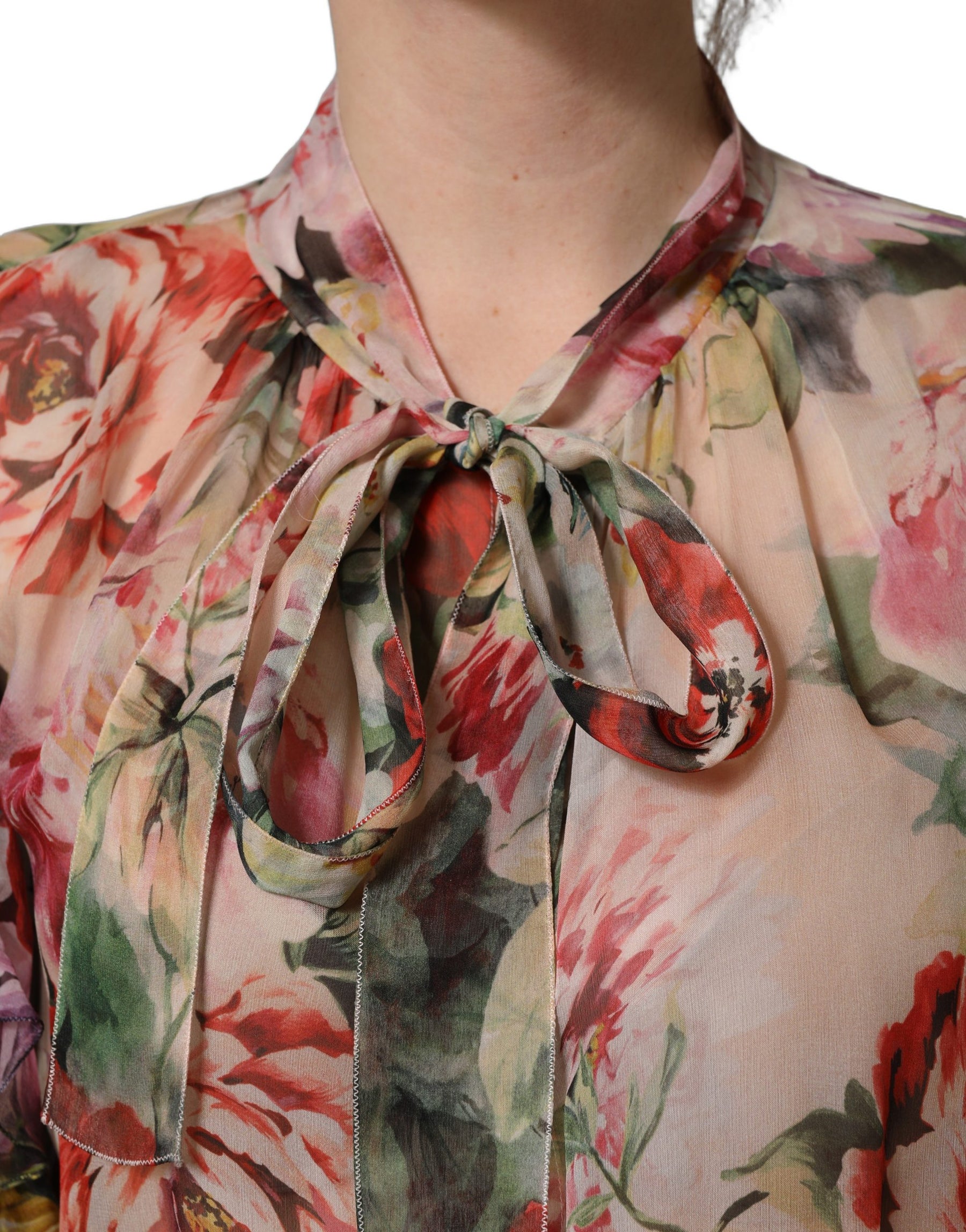 Dolce & Gabbana Multicolor Floral Tie-Neck Silk Chiffon Blouse Top | Regal Royce