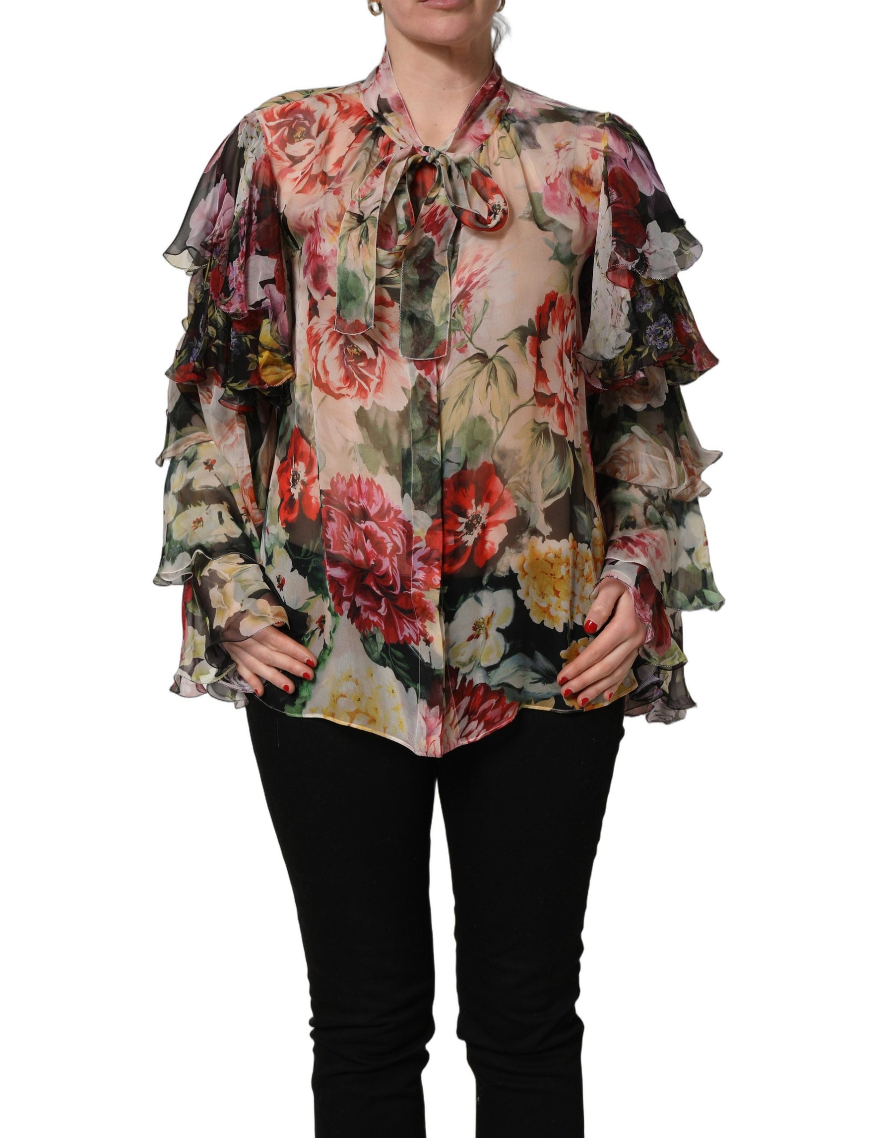 Dolce & Gabbana Multicolor Floral Tie-Neck Silk Chiffon Blouse Top | Regal Royce