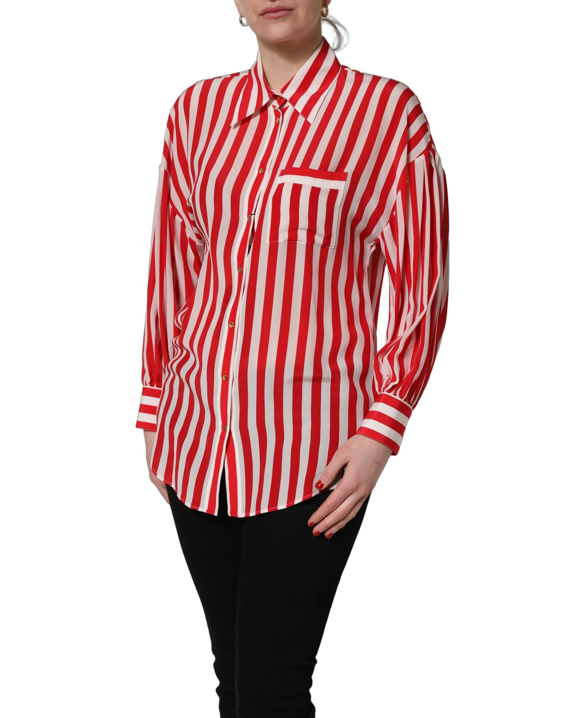 Dolce & Gabbana Red White Striped Long Sleeve Silk Blouse Top | Regal Royce