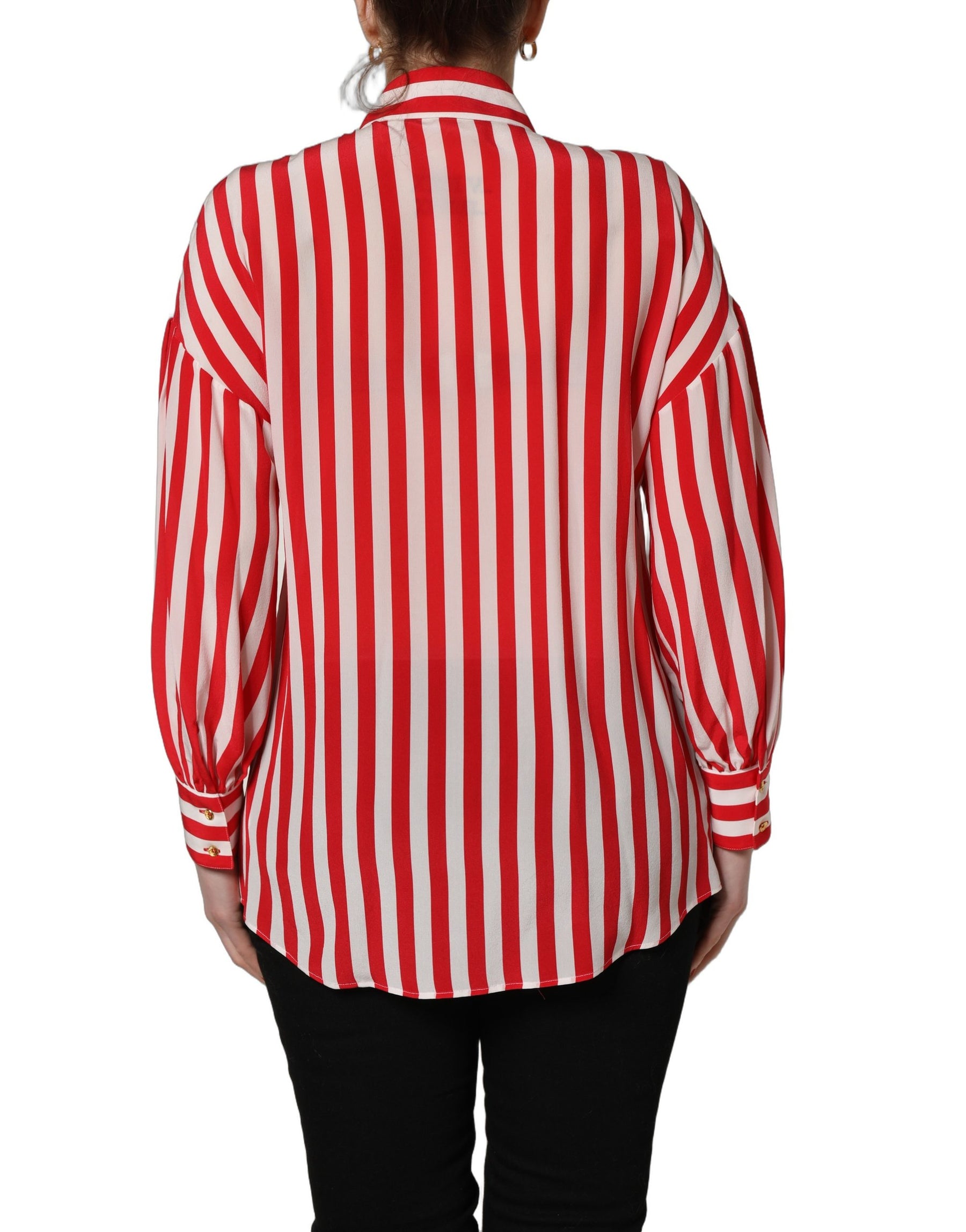 Dolce & Gabbana Red White Striped Long Sleeve Silk Blouse Top | Regal Royce