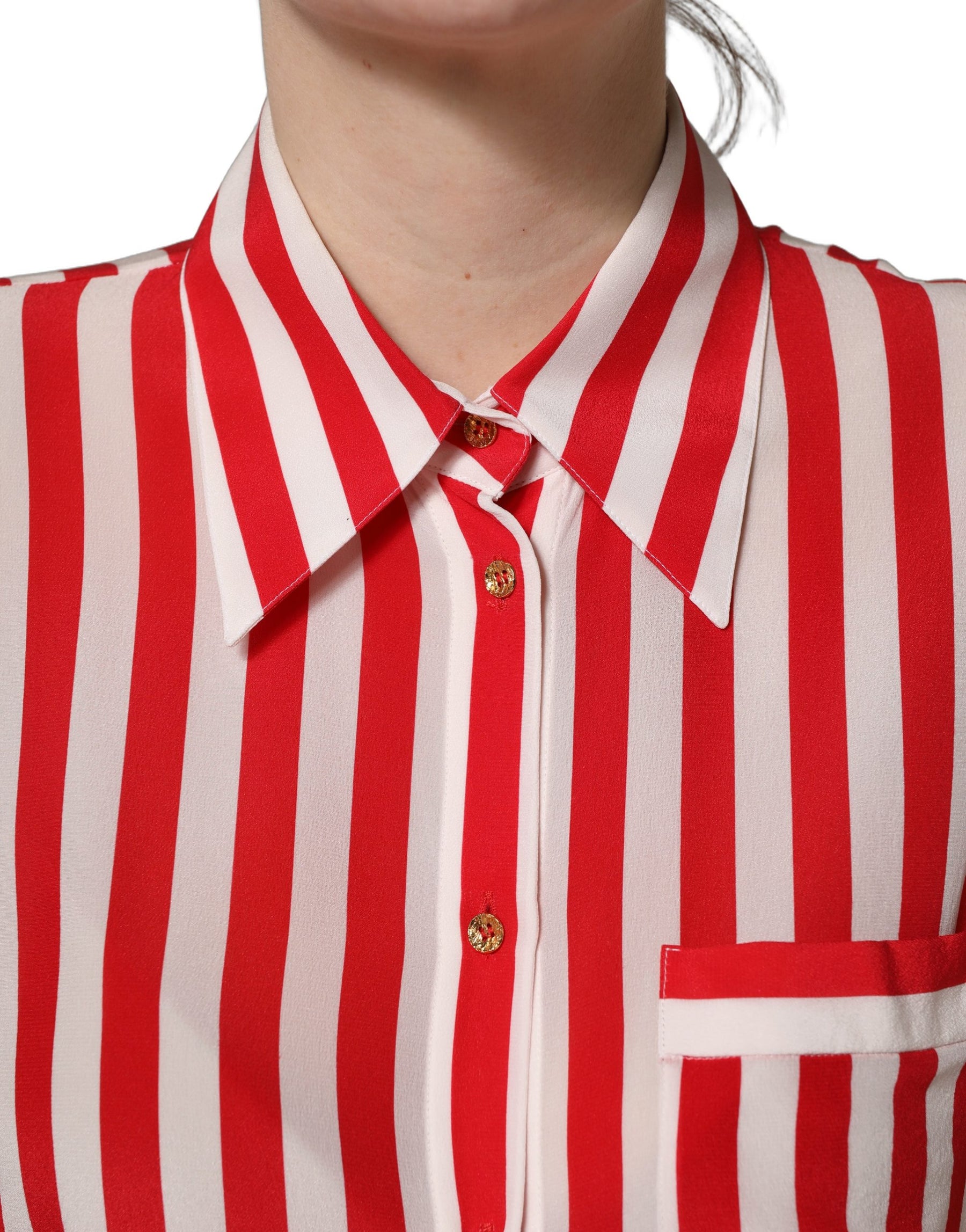 Dolce & Gabbana Red White Striped Long Sleeve Silk Blouse Top | Regal Royce