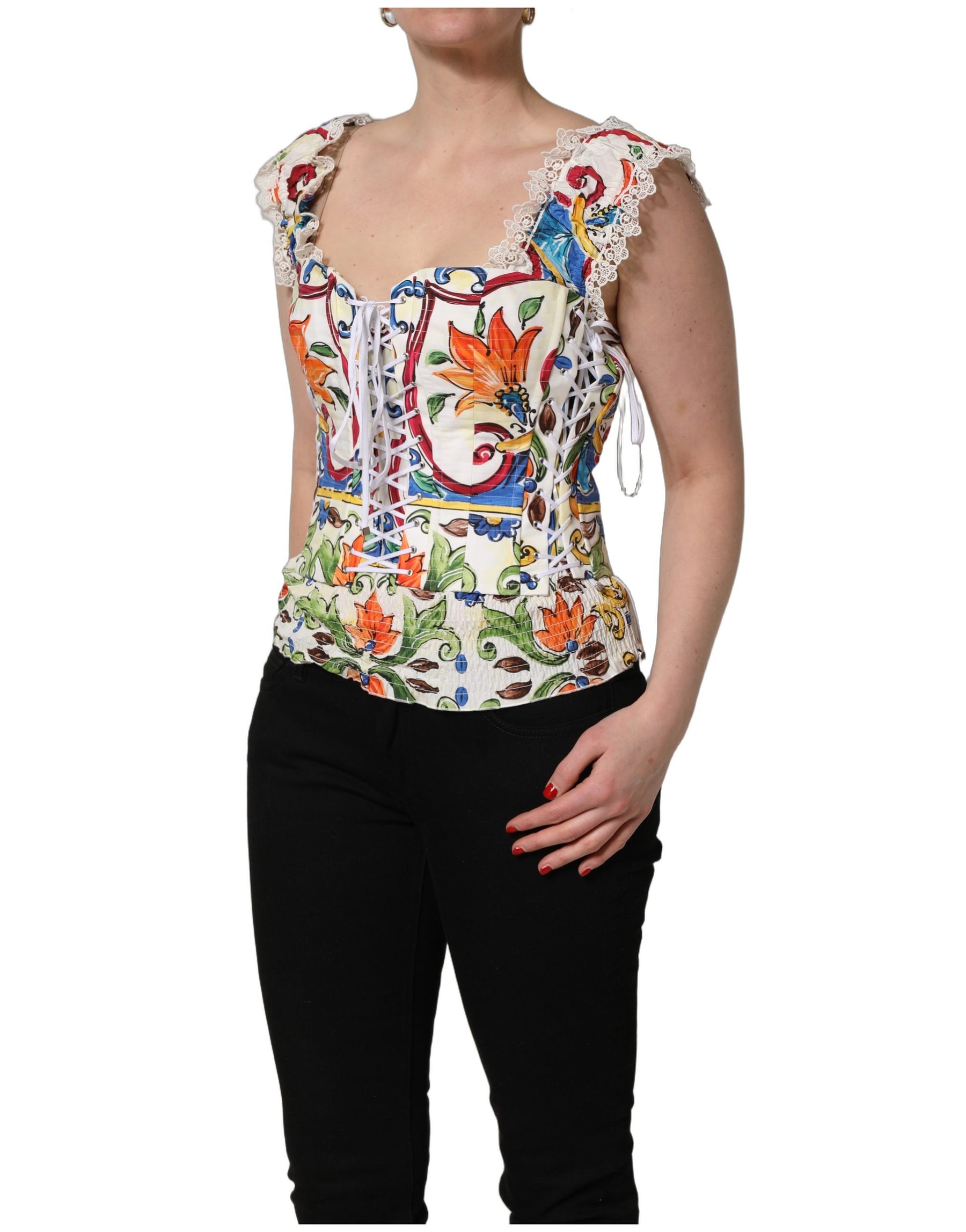 Dolce & Gabbana Multicolor Majolica Corset Sleeveless Top | Regal Royce