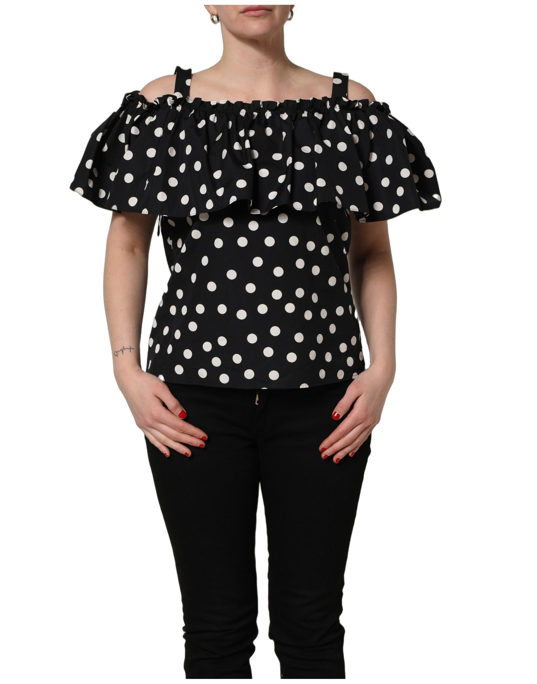 Dolce & Gabbana Black White Polka Dot Off Shoulder Top | Regal Royce