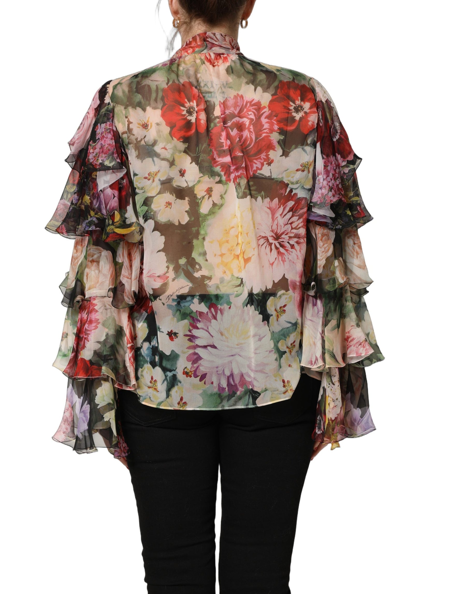 Dolce & Gabbana Multicolor Floral Tie-Neck Silk Chiffon Blouse Top | Regal Royce