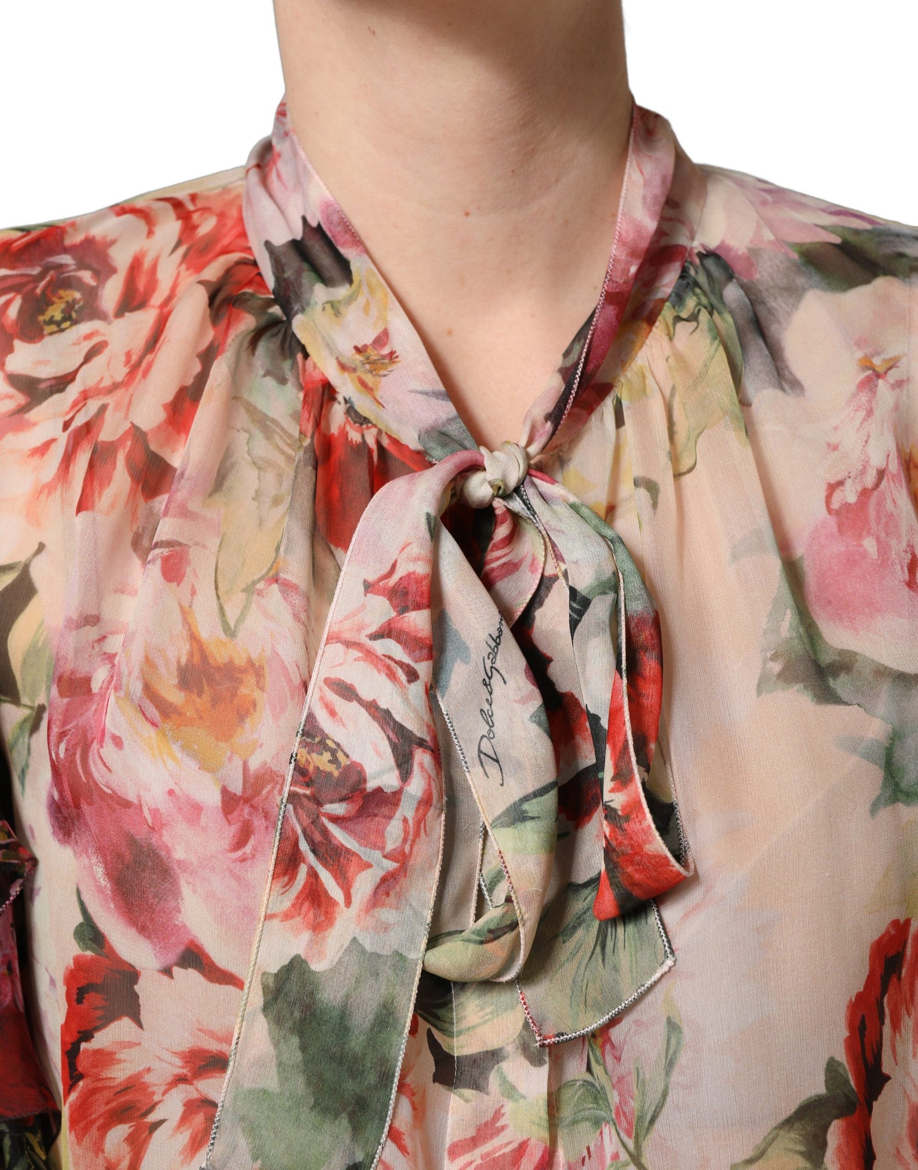 Dolce & Gabbana Multicolor Floral Tie-Neck Silk Chiffon Blouse Top | Regal Royce
