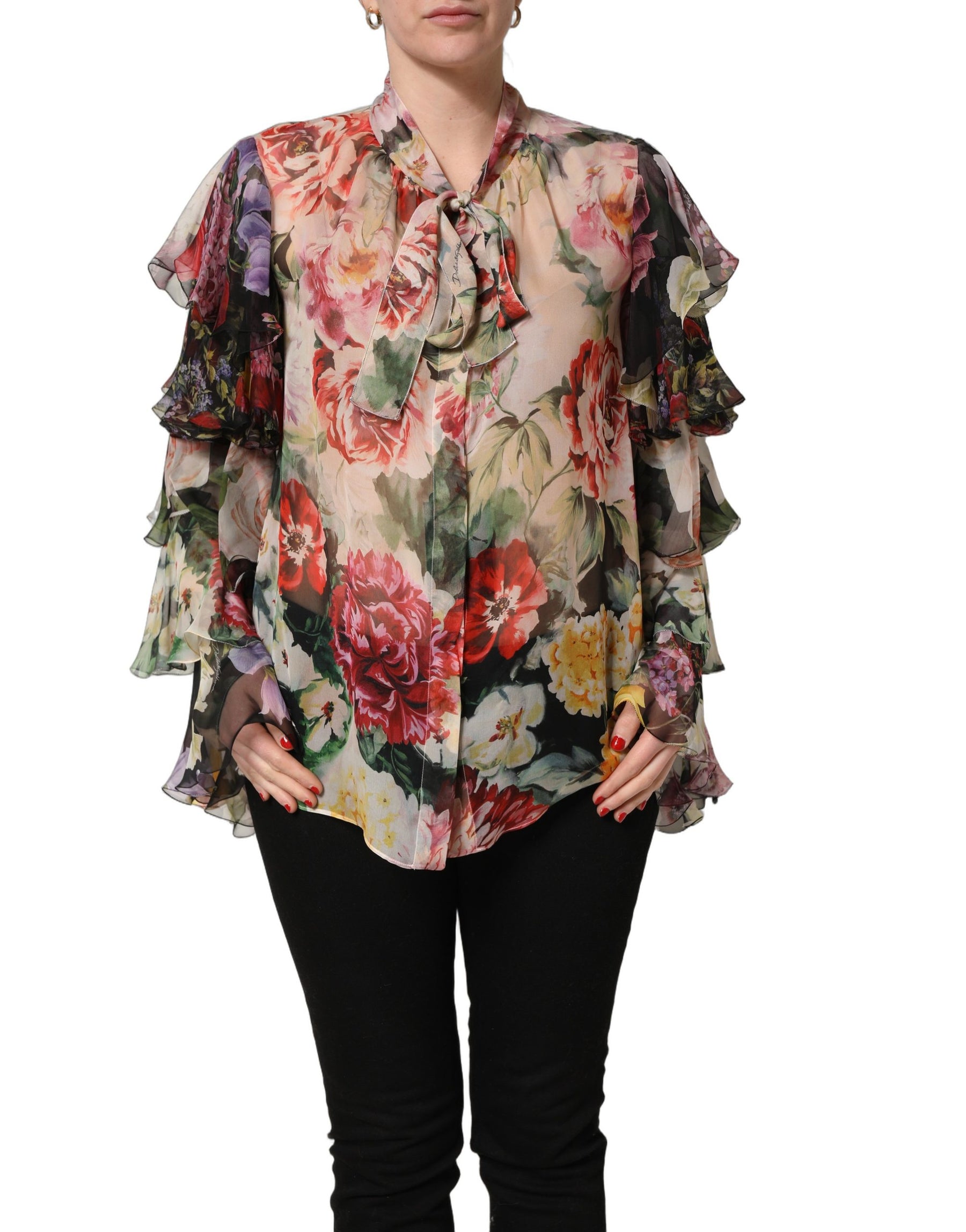 Dolce & Gabbana Multicolor Floral Tie-Neck Silk Chiffon Blouse Top | Regal Royce