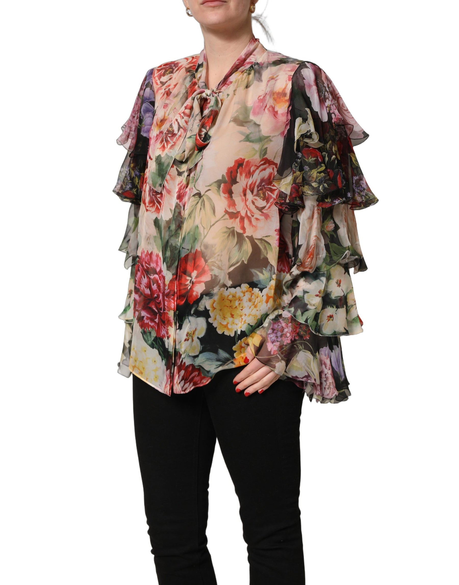 Dolce & Gabbana Multicolor Floral Tie-Neck Silk Chiffon Blouse Top | Regal Royce