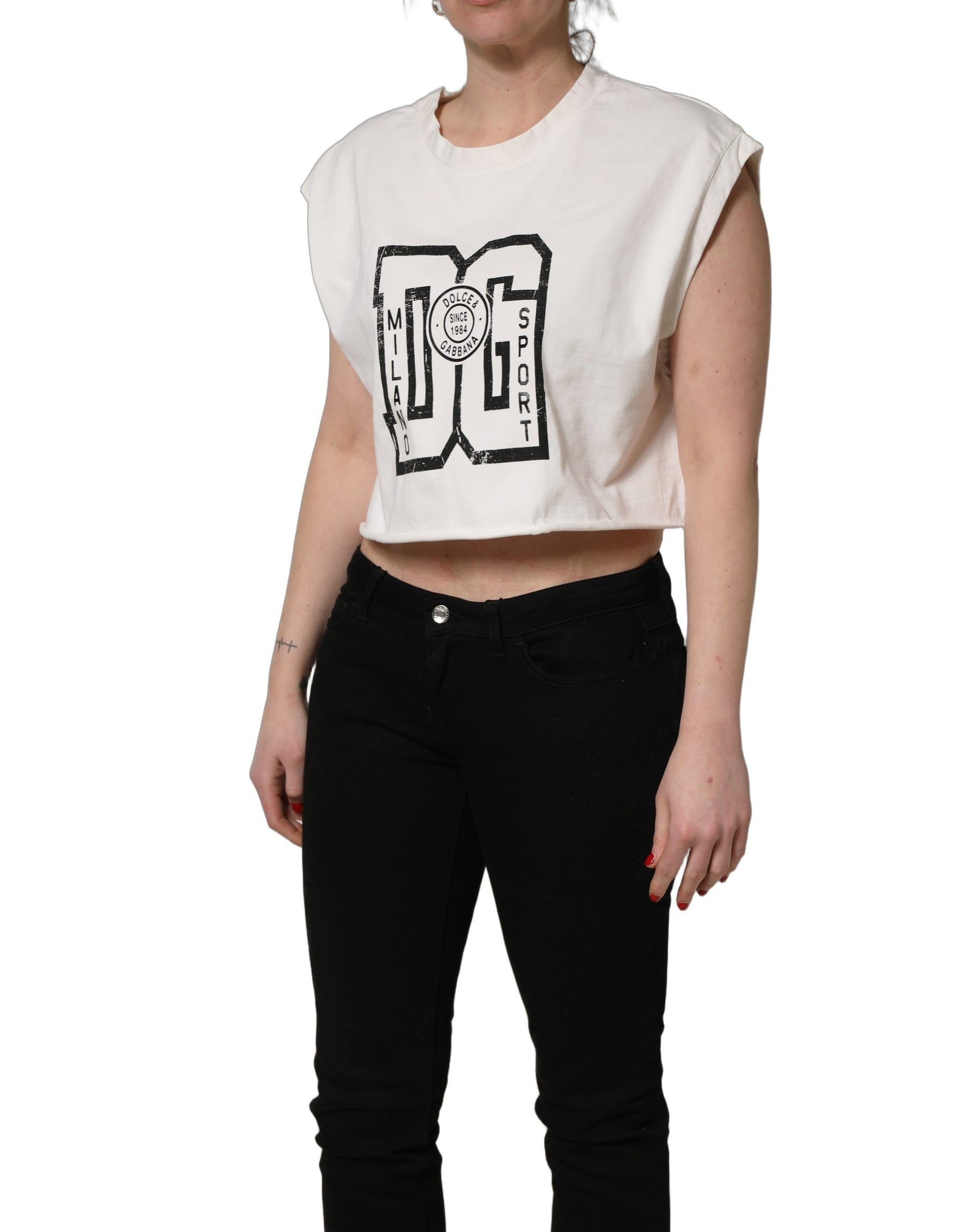 Dolce & Gabbana White Cotton DG Logo Print Cropped Jersey Top | Regal Royce
