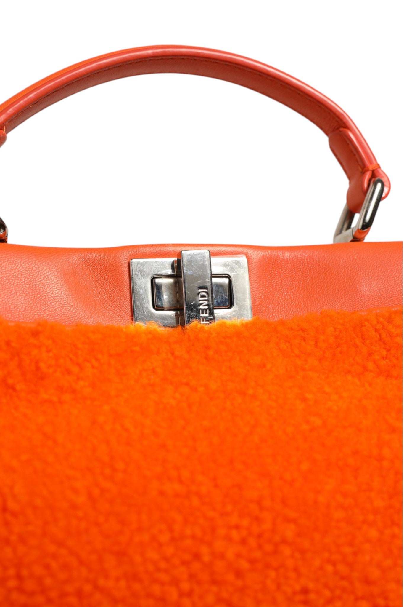 Fendi Orange Leather and Shearling Mini Peekaboo Top Handle Bag | Regal Royce