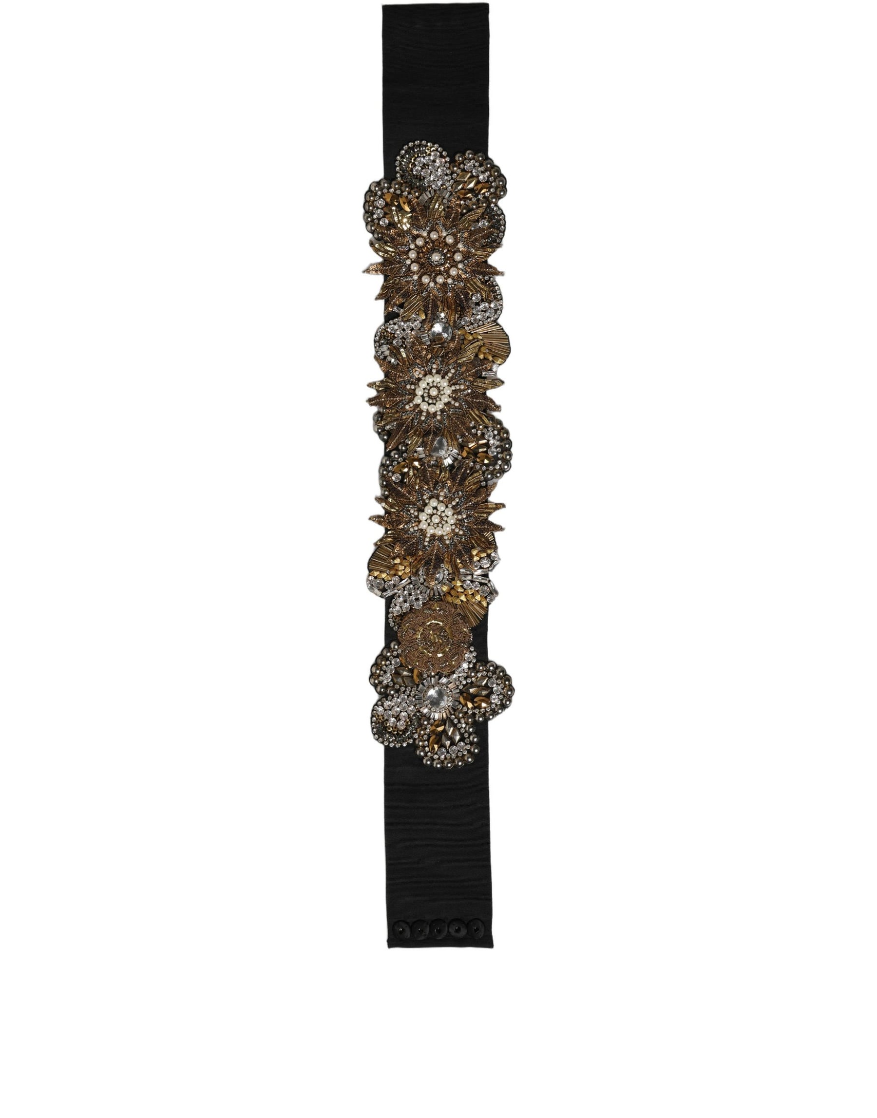 Dolce & Gabbana Black Gold Tone Crystal Brass Flower Brooches Belt | Regal Royce