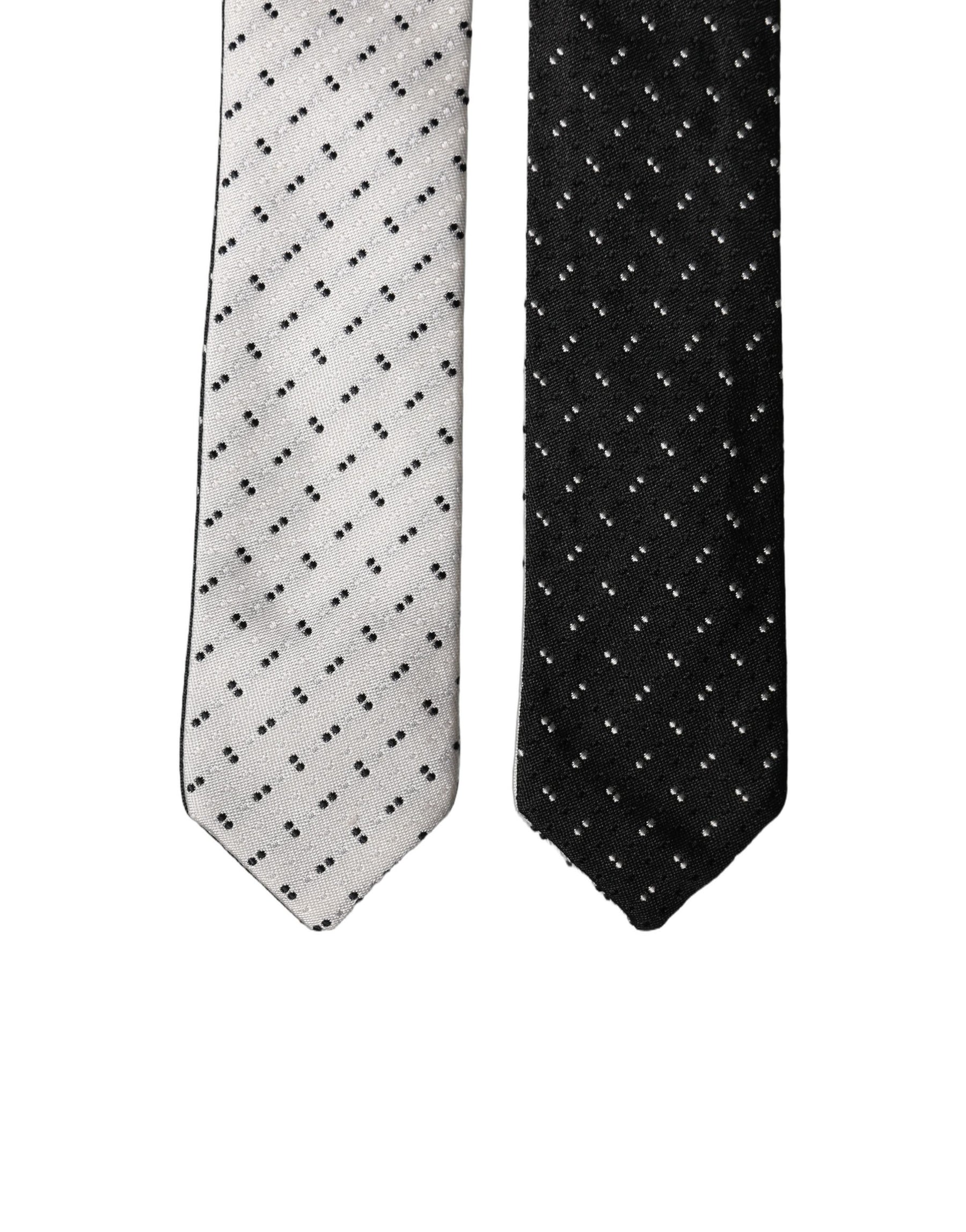 Dolce & Gabbana White Black Patterned Silk Adjustable Men Necktie Tie | Regal Royce
